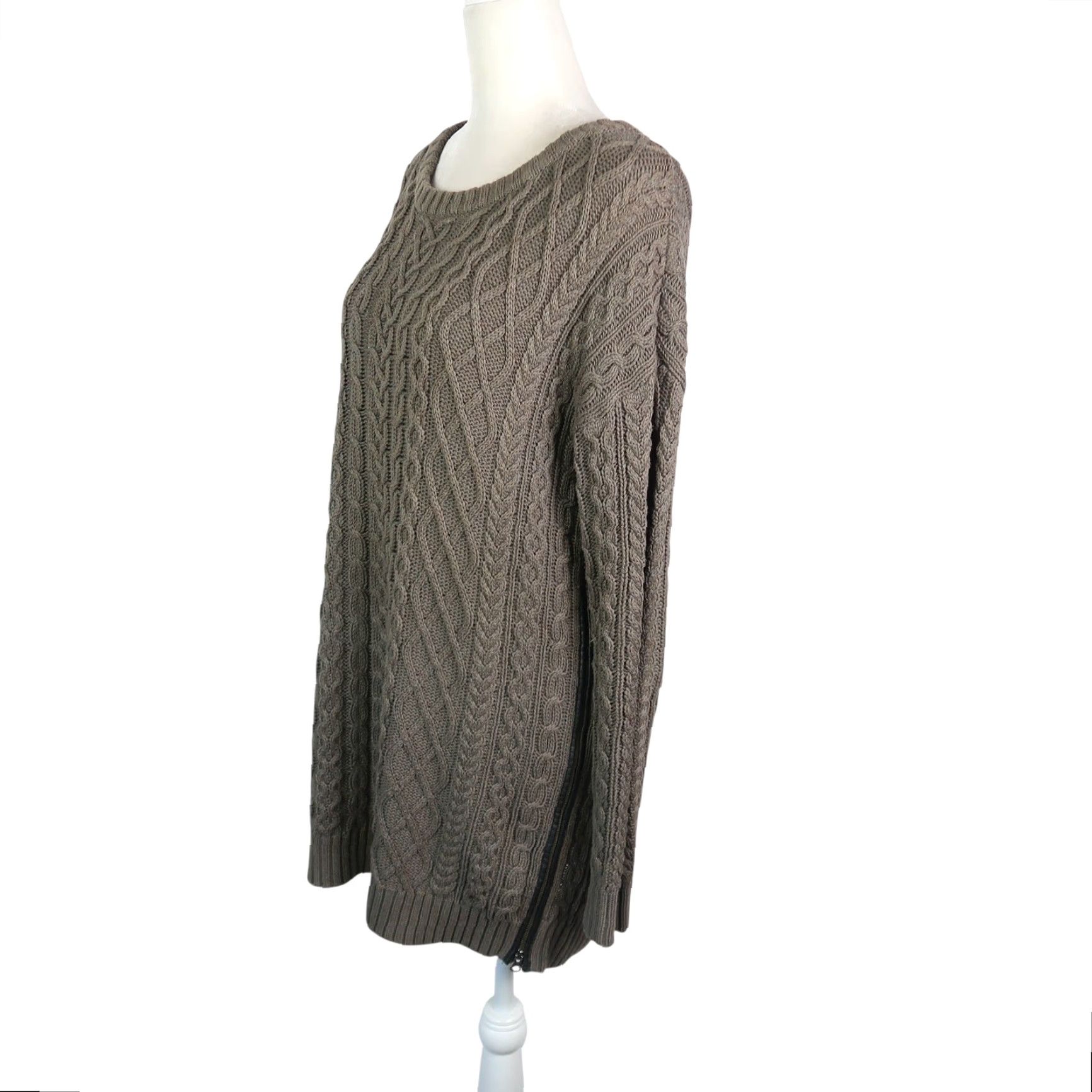 Olive VINTAGE Margaret O’Leary Olive Green 100% Cotton Cable Knit Tunic Sweater Side Zip S Womens Pullover Long Sleeve Knitted Casual 28" Length Size S / US 4 / IT 40 - 3 Thumbnail