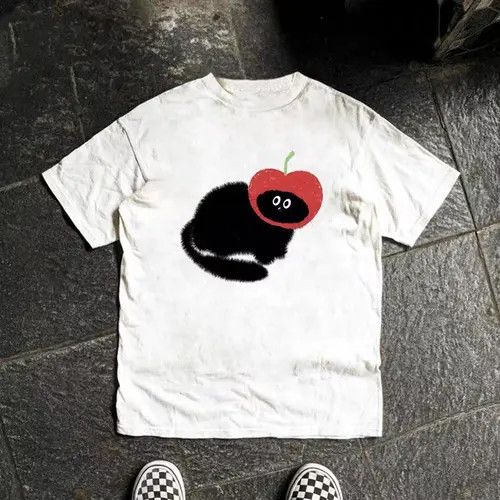 Japanese Brand White street washed retro apple cat print t-shirt Size US M / EU 48-50 / 2 - 3 Thumbnail