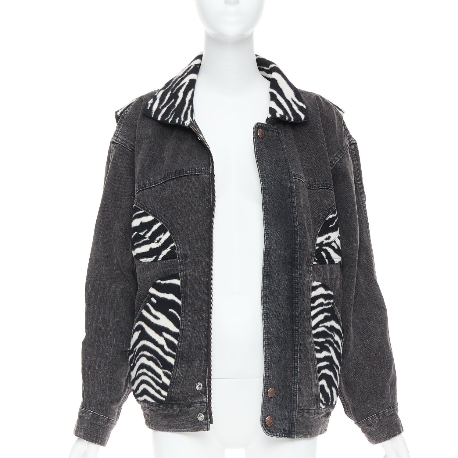 CELINE Hedi Slimane black white zebra wool patch denim jacket S
