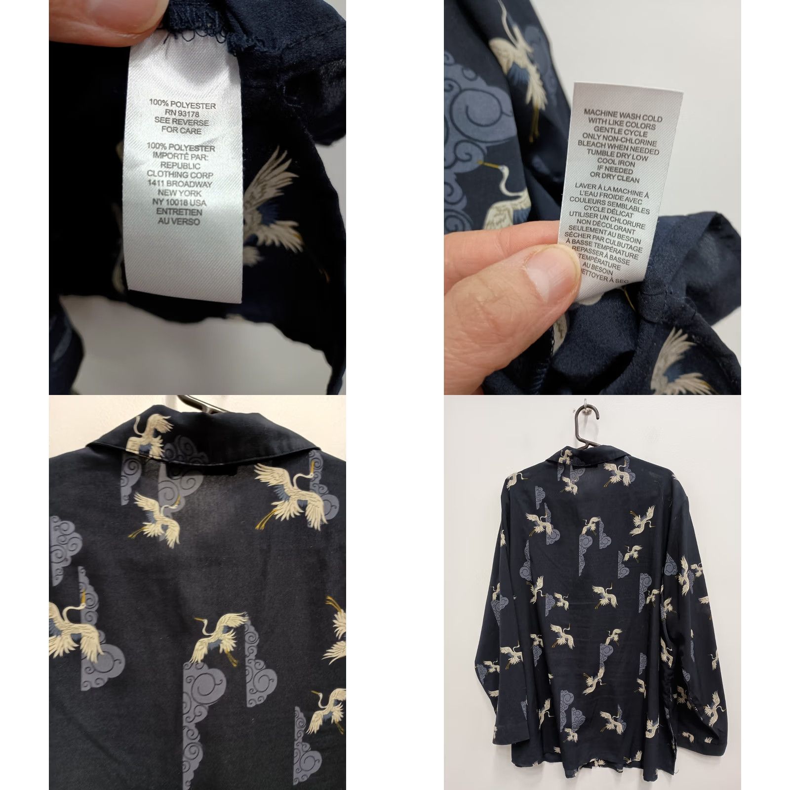 Vintage T Tahari Blouse Navy Crane Print Long Sleeve Size 3X Office Carrier Top Womens Size XXL / US 16-18 / IT 52-54 - 8 Thumbnail