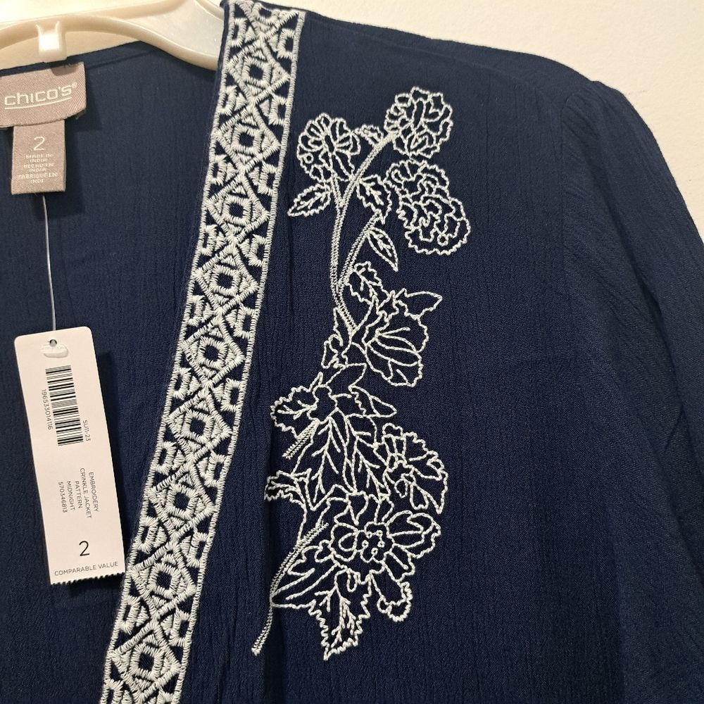 Chicos Chico's Floral Embroidery Pattern Crinkle Open Front Cardi J Size L / US 10 / IT 46 - 7 Thumbnail