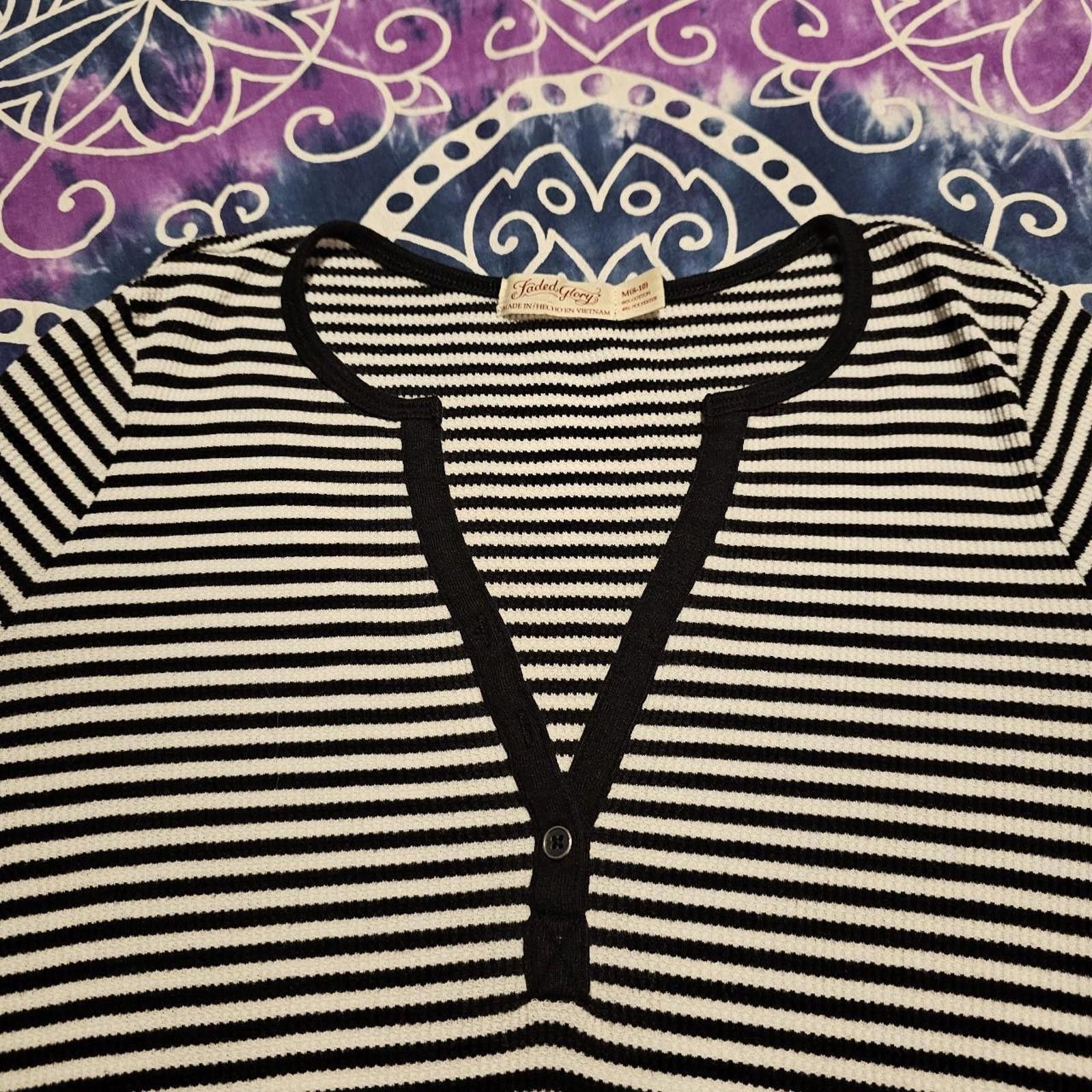 Faded Glory Faded Glory Women's Black and White Stripped Thermal Shirt Size M / US 6-8 / IT 42-44 - 5 Thumbnail