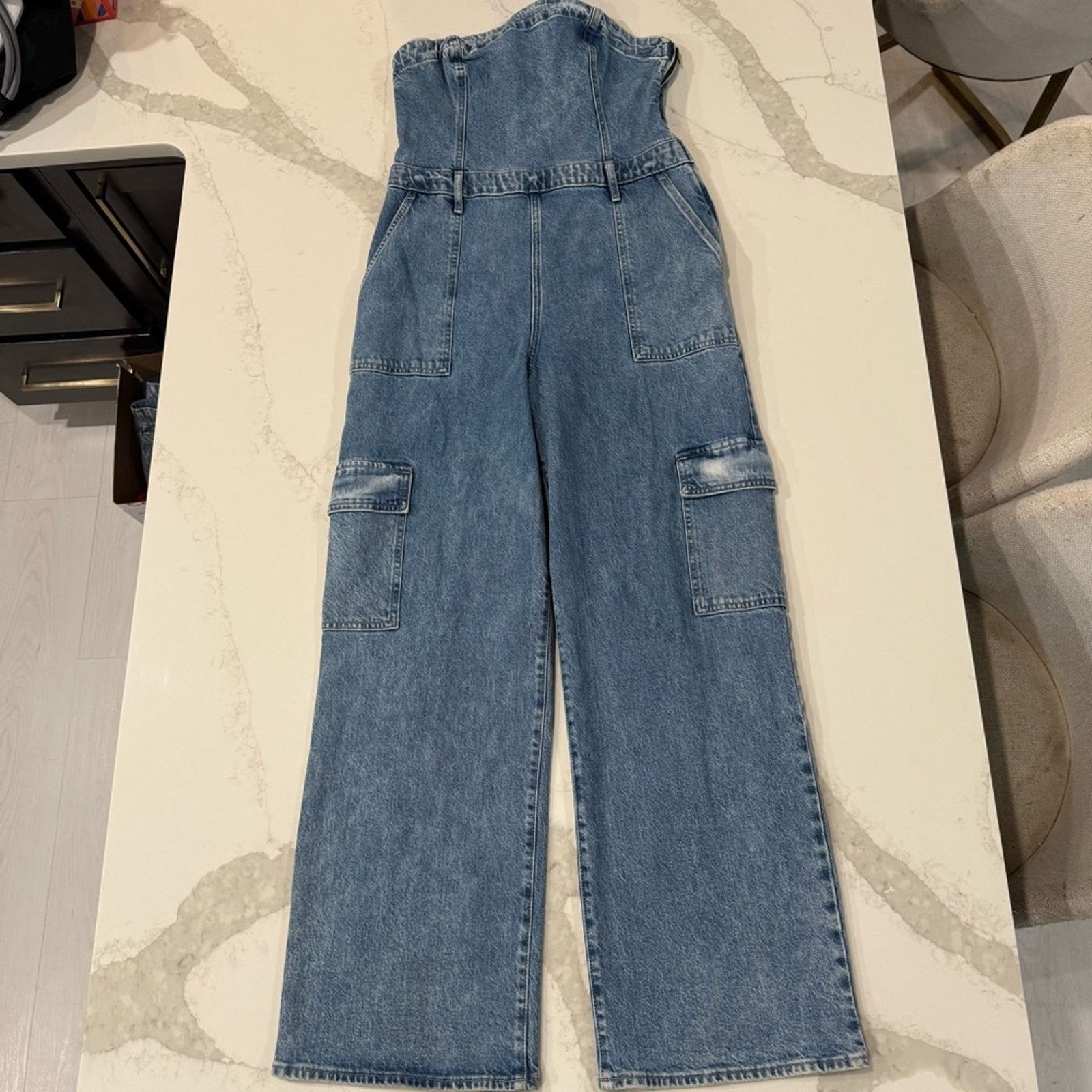Express Express Strapless Wide Leg Cargo Denim Jumpsuit Womens 12 Size 34" / US 12 / IT 48 - 6 Thumbnail