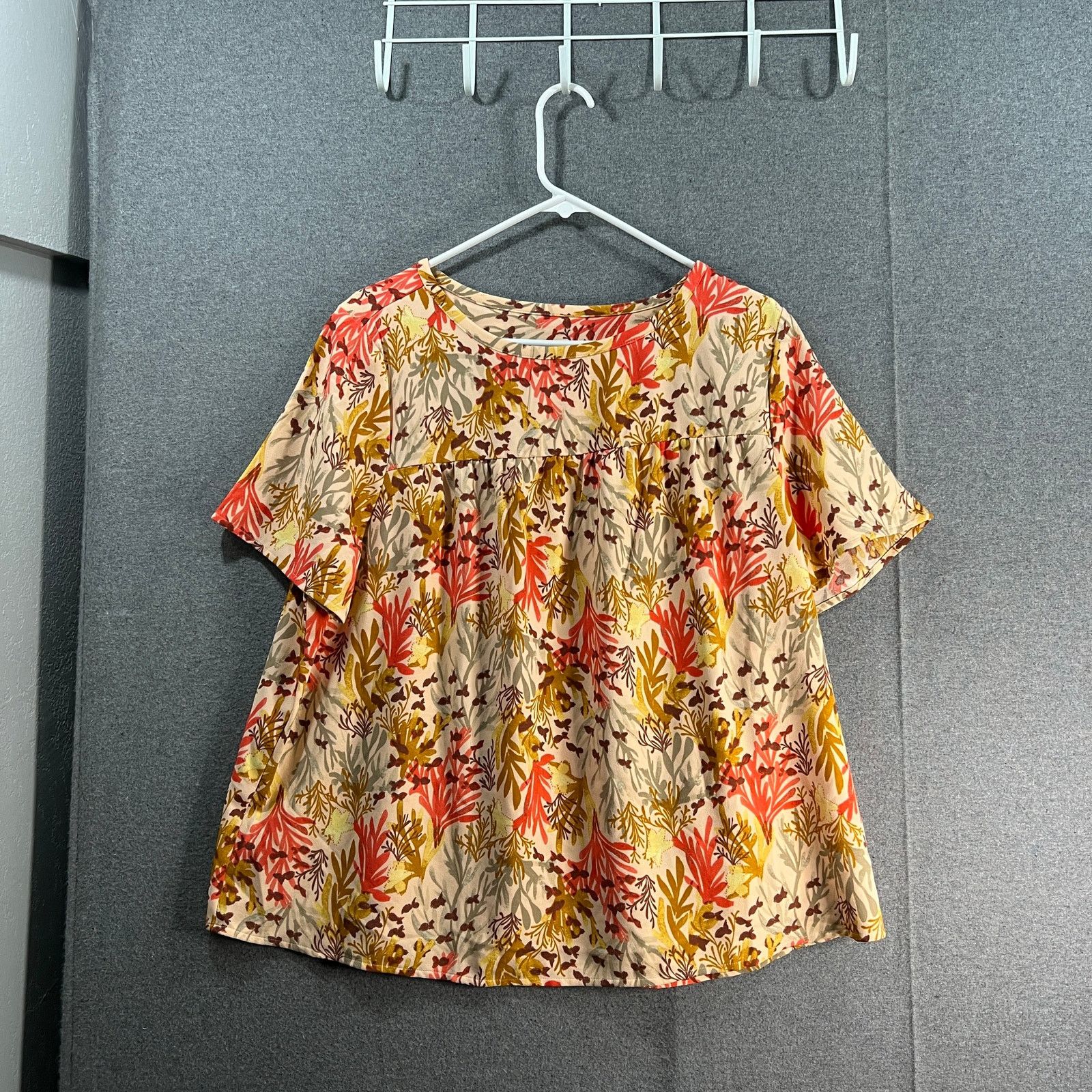 Denim & Co. Denim & Co. Printed Boatneck Woven Top with Shirring Peach Size L / US 10 / IT 46 - 1 Thumbnail