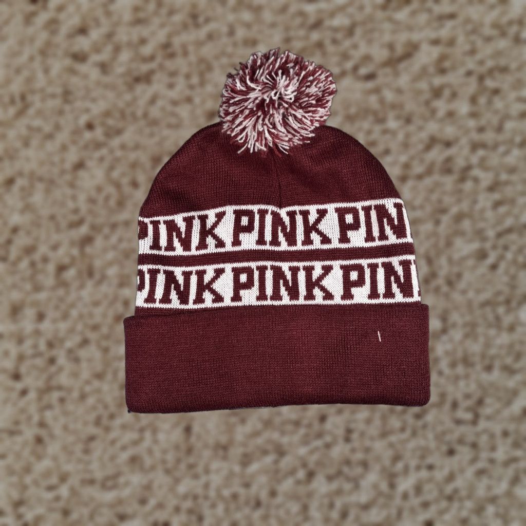 Victoria's Secret Victoria's Secret Beanie Toque Adult One Size Burgundy White Acrylic Pom Hat Size ONE SIZE - 1 Thumbnail