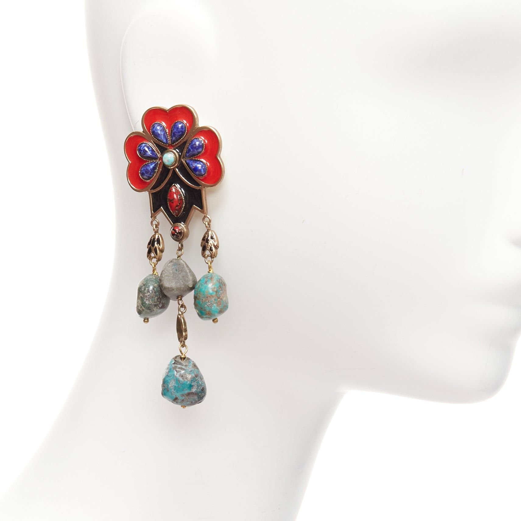 Etro ETRO red blue enamel flower drop stone gold drop clip on earrings pair Size ONE SIZE - 1 Thumbnail