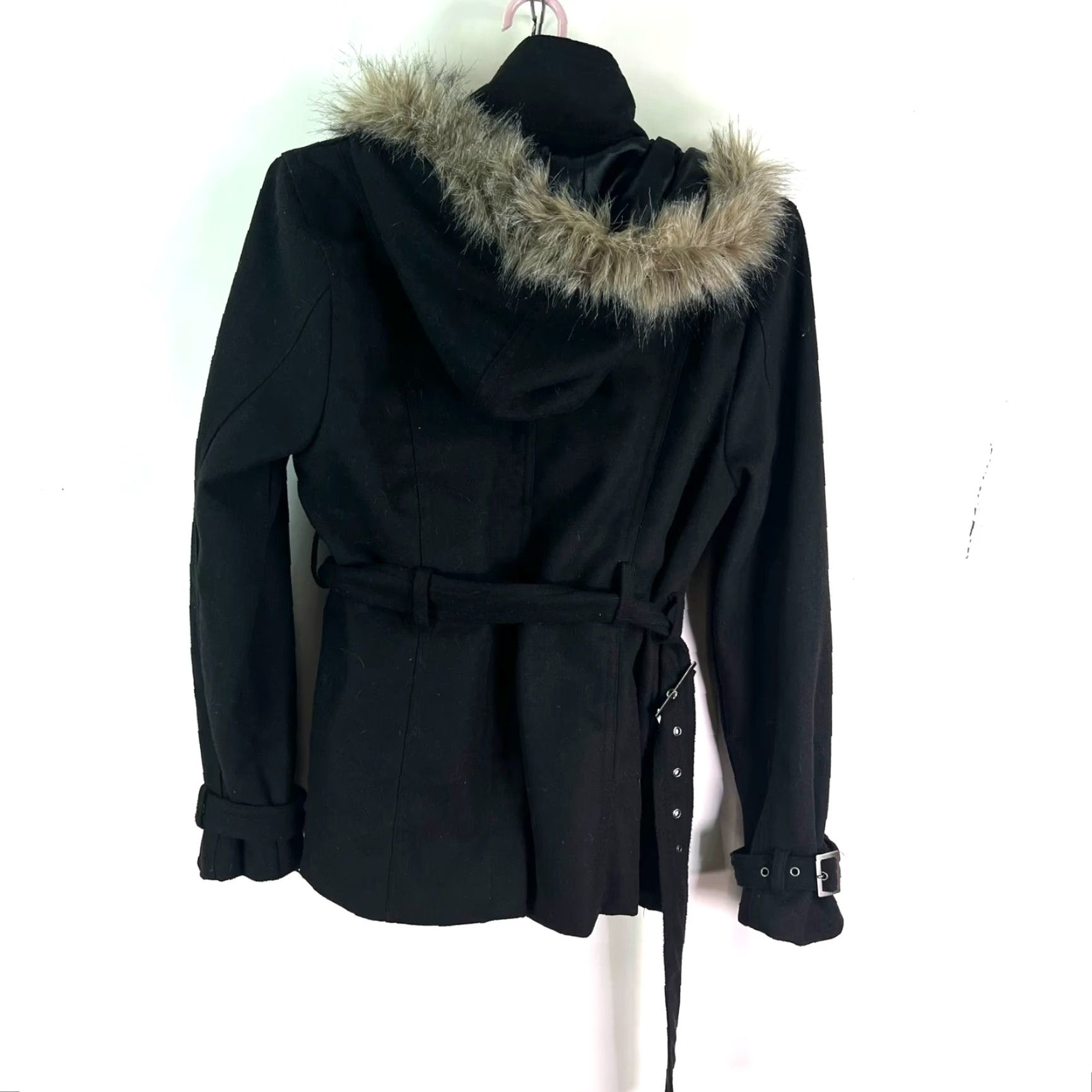 Vintage Rue 21 Wool Blend Pea Coat Women's XL Black Double Breasted Faux Fur Removable Hood 90s Classic Size XL / US 12-14 / IT 48-50 - 6 Thumbnail