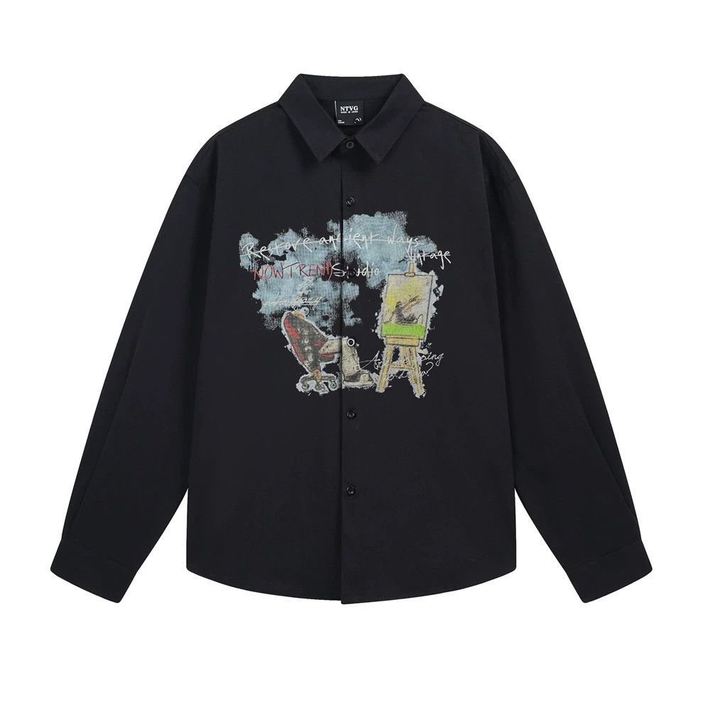 Vintage Men's graffiti cartoon print casual long-sleeved shirt Size US L / EU 52-54 / 3 - 1 Thumbnail