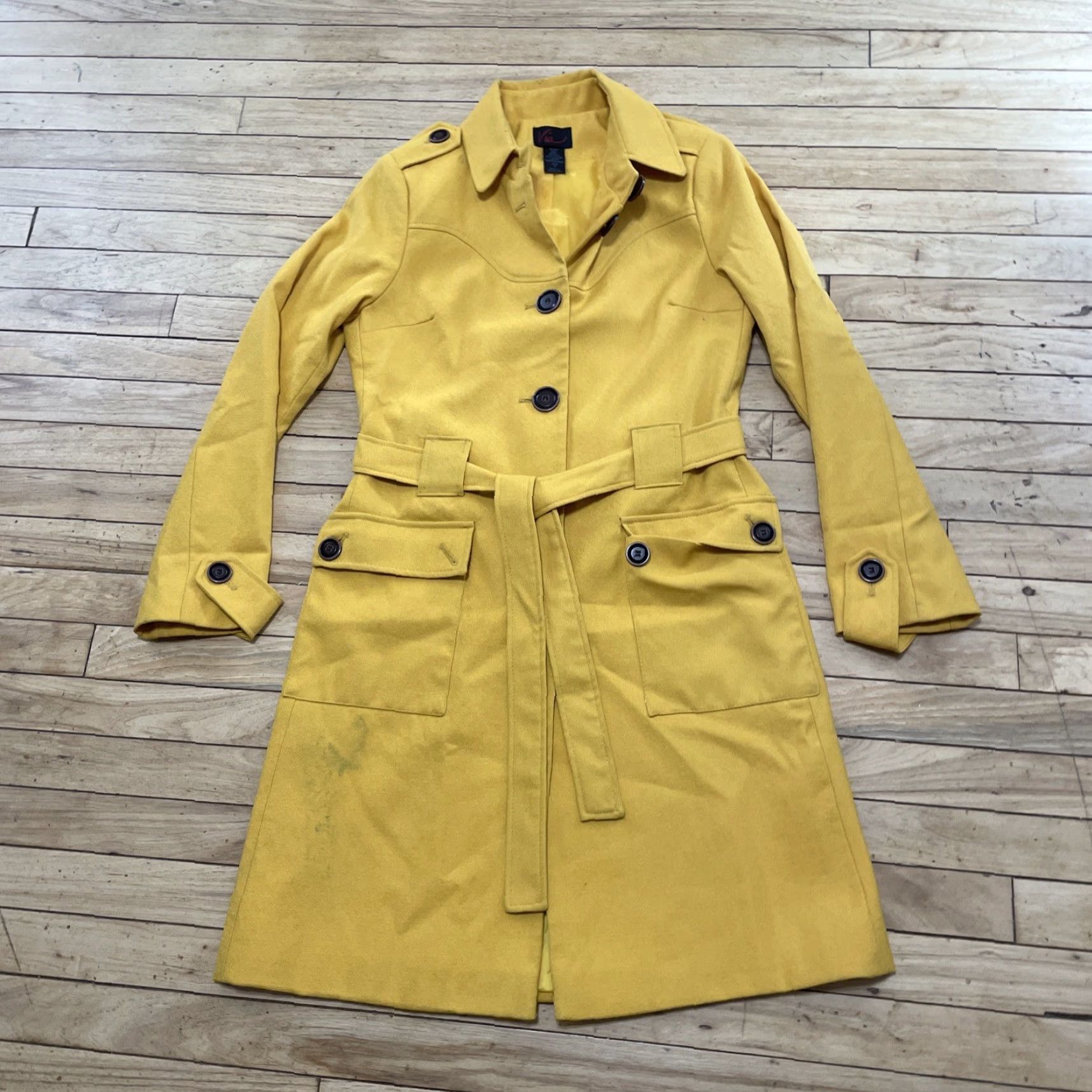 Avia VIA Wool Trench Coat Women 8 Yellow Belted Mod 60s Long Duster Military Grunge Coat Size M / US 6-8 / IT 42-44 - 3 Thumbnail