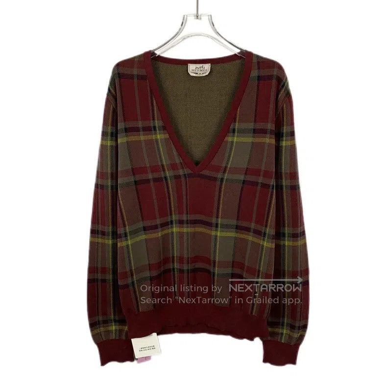 Hermes Hermes Color-blocked plaid cotton V-neck long-sleeve knit Size S / US 4 / IT 40 - 1 Thumbnail
