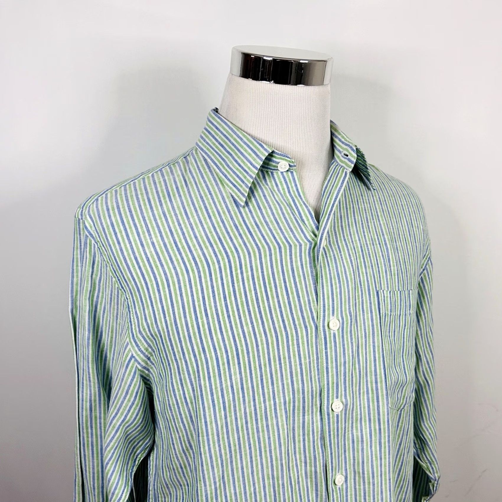Izod IZOD Shirt Green Blue Striped Long Sleeve Button Front Medium Island Linen Blend Mens Size US M / EU 48-50 / 2 - 2 Thumbnail