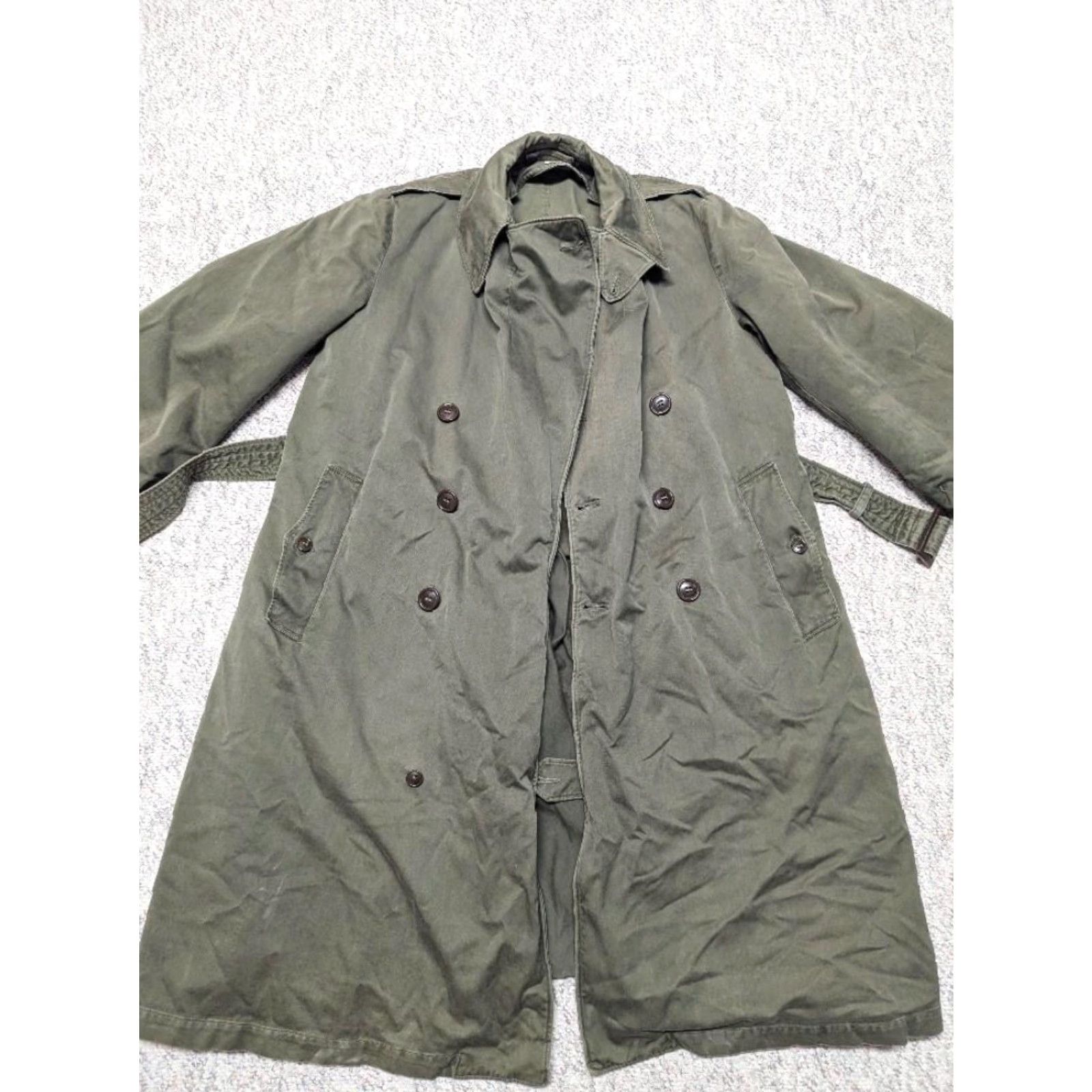 Vintage VINTAGE US ARMY trenchcoat Overcoat Shirt Mens M Green belted wool/ cotton long jacket cape with pant legs hidden Zip closure Button chest 40 Size US 31 - 5 Thumbnail