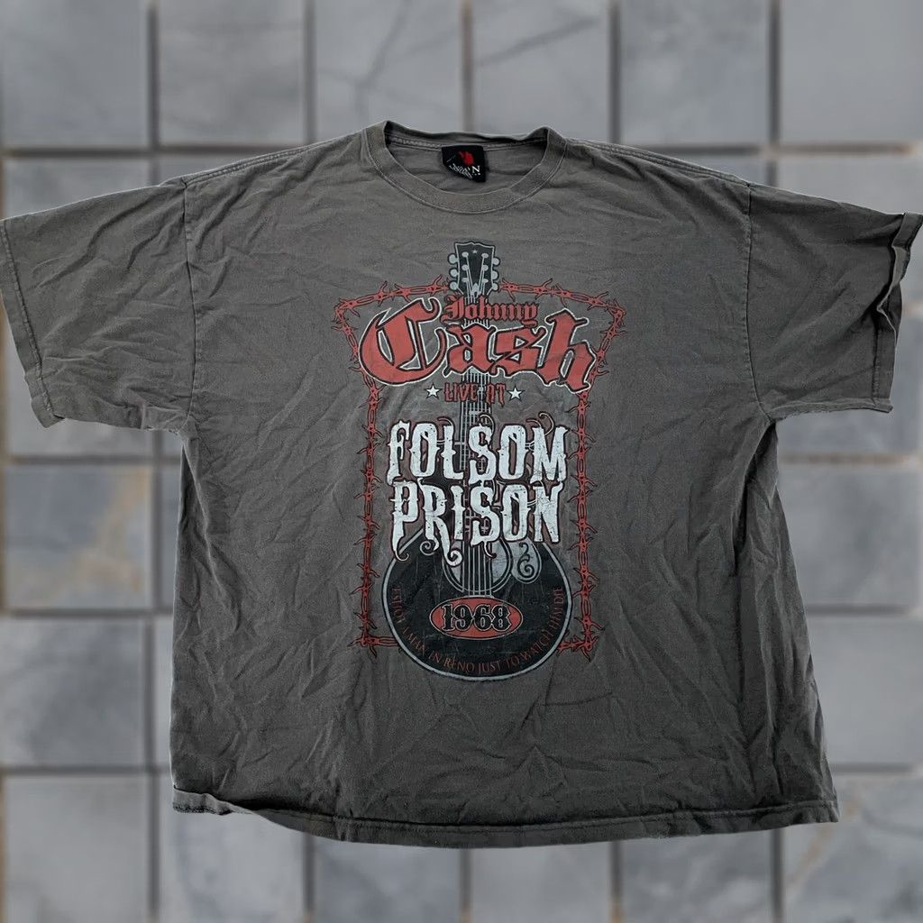 Vintage Johnny Cash Shirt Mens XL Brown Gray Folsom Prison 1968 Rock Band Country Size US XL / EU 56 / 4 - 1 Thumbnail