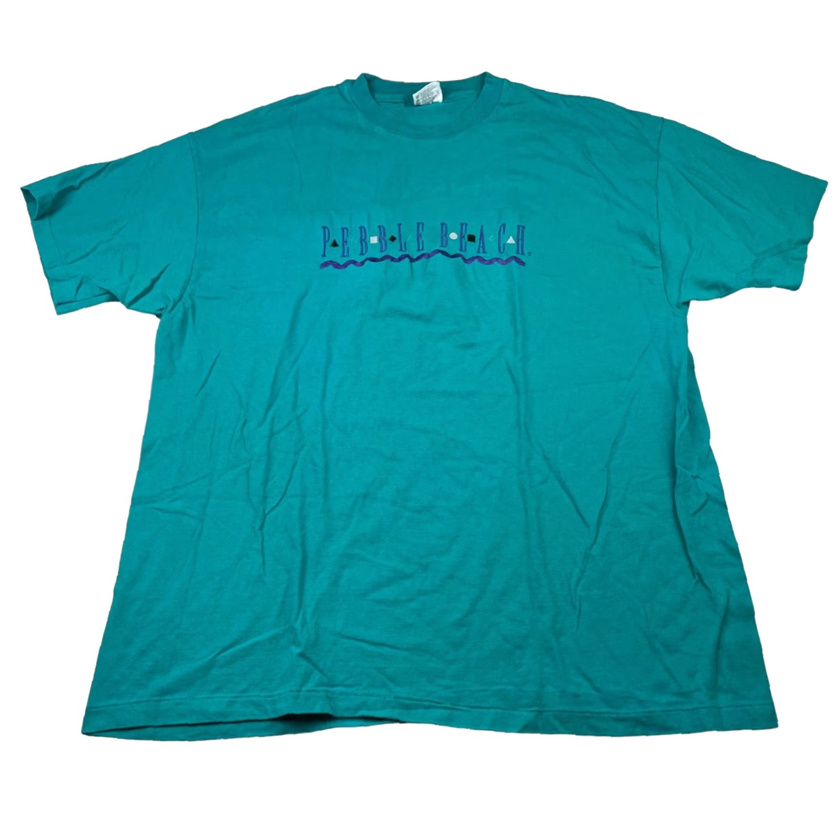 VTG Pebble Beach Men's Single Stitch Embroidered T-Shirt Teal Green USA 2XL Hanes 100% Cotton Short Sleeve Summer Sportswear/Beach Mens