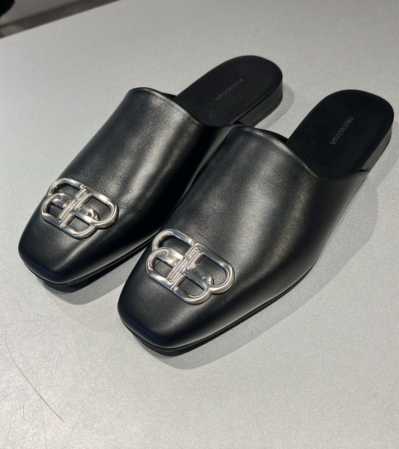Balenciaga Black Leather Bb Mule Shoess In Silver Logo Shoes, Men's (Size 7)