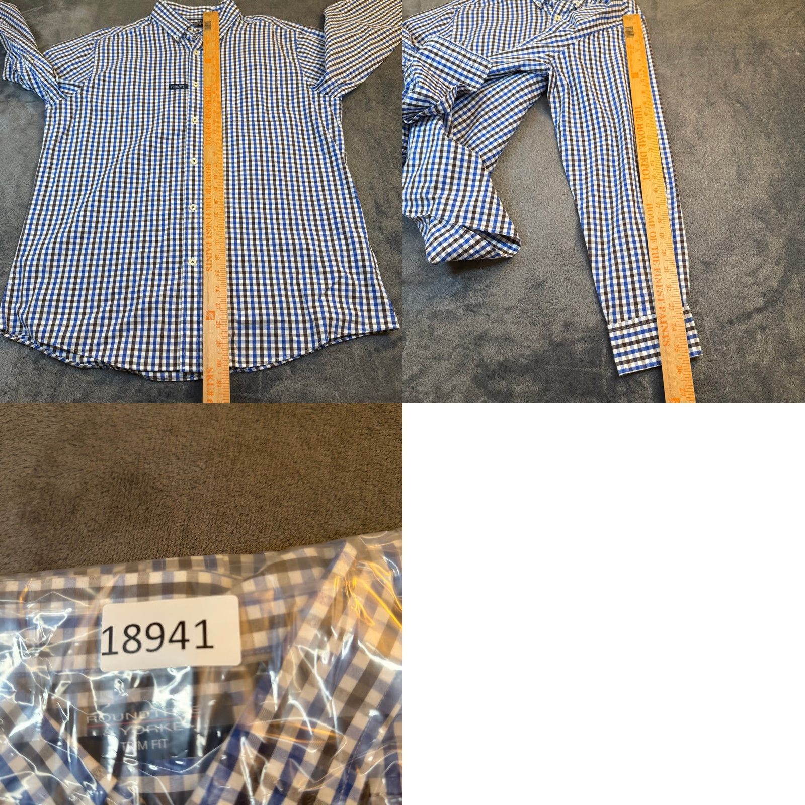 Roundtree & Yorke Roundtree & Yorke Button-Up Shirt Mens Large Blue Brown Check Cotton Slim Fit Button-Down Collar Chest Pocket Pockets Casual Workwear BTY Size US L / EU 52-54 / 3 - 8 Thumbnail