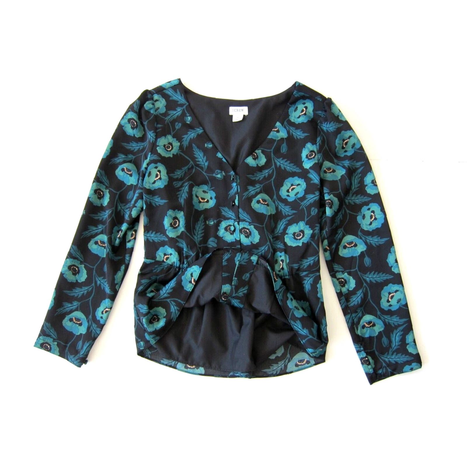 J.Crew J.Crew Black Green Floral Silky V-Neck Button Down Long Sleeve Blouse Size 0 Size XS / US 0-2 / IT 36-38 - 5 Thumbnail