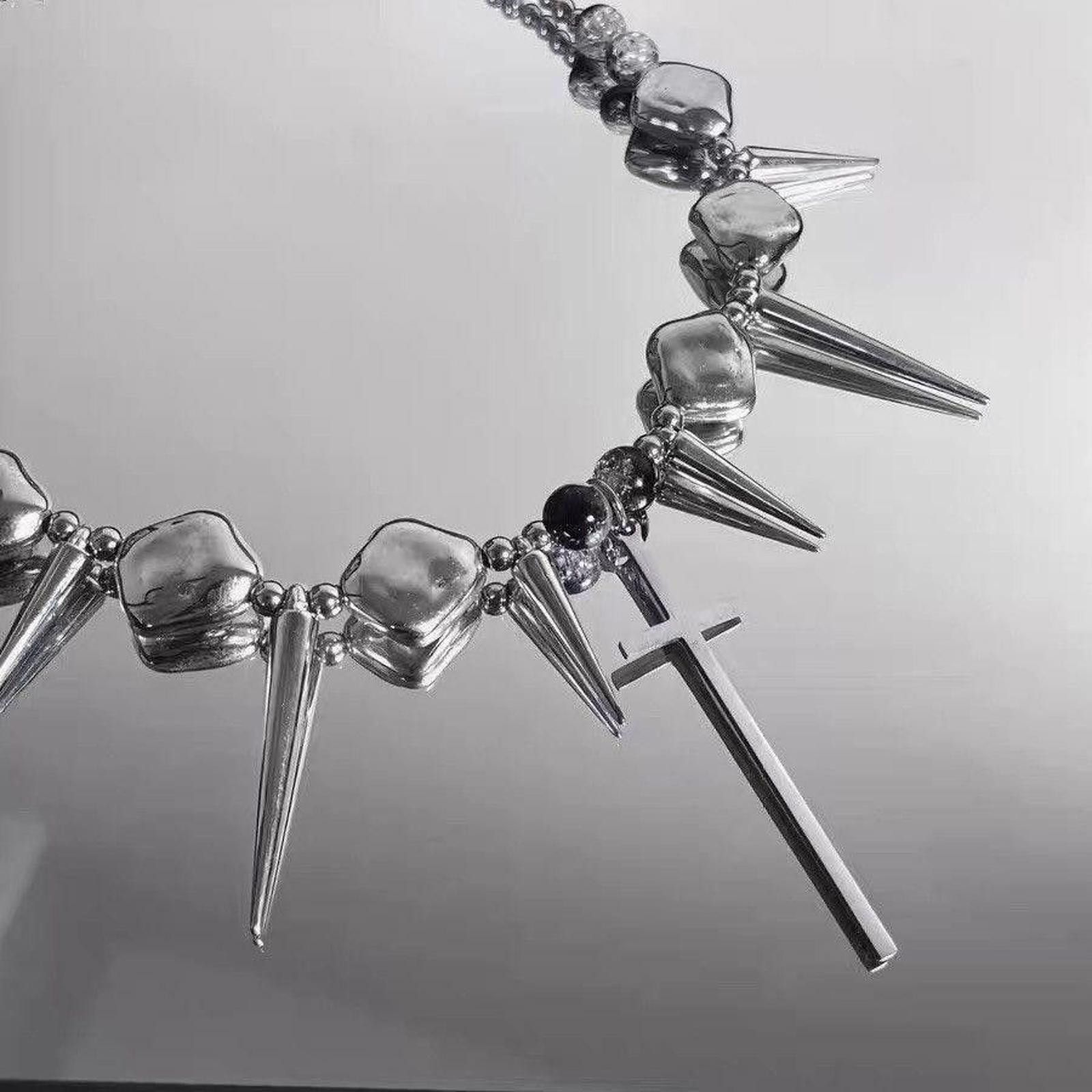Jewelry Silver Color Thorns Punk With Cross Necklace Choker Size ONE SIZE - 2 Thumbnail