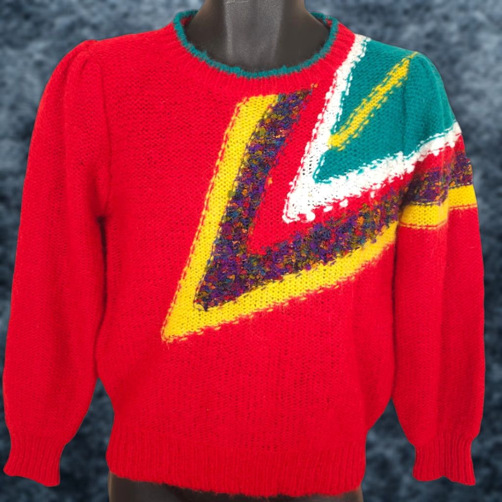 Vintage VINTAGE Abstract Sweater Womens Small Red Fuzzy Knit Crew Neck 80s 90s Pullover Mens? Women? Size S / US 4 / IT 40 - 1 Thumbnail