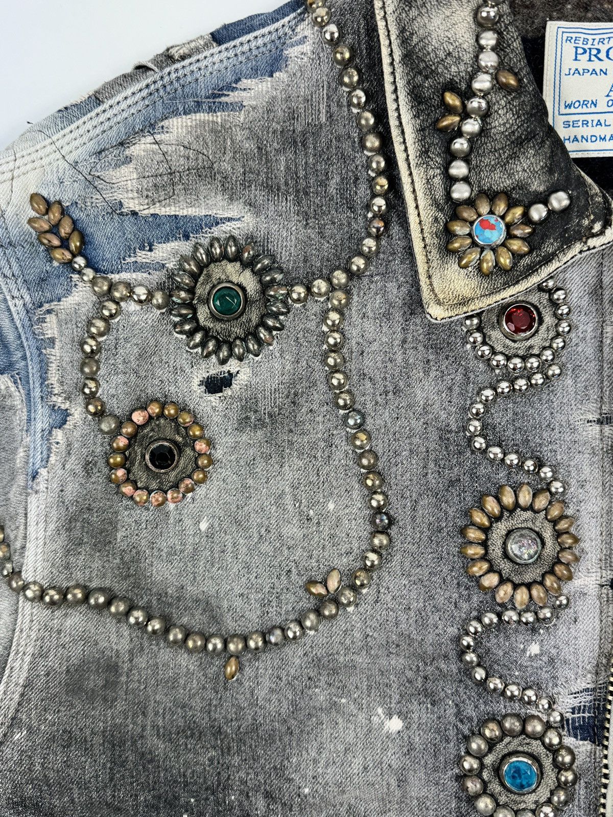 Proleta Re Art EMBELLISHED LEATHER DETAIL HANDMADE 1/1 DENIM JACKET Size US L / EU 52-54 / 3 - 6 Thumbnail
