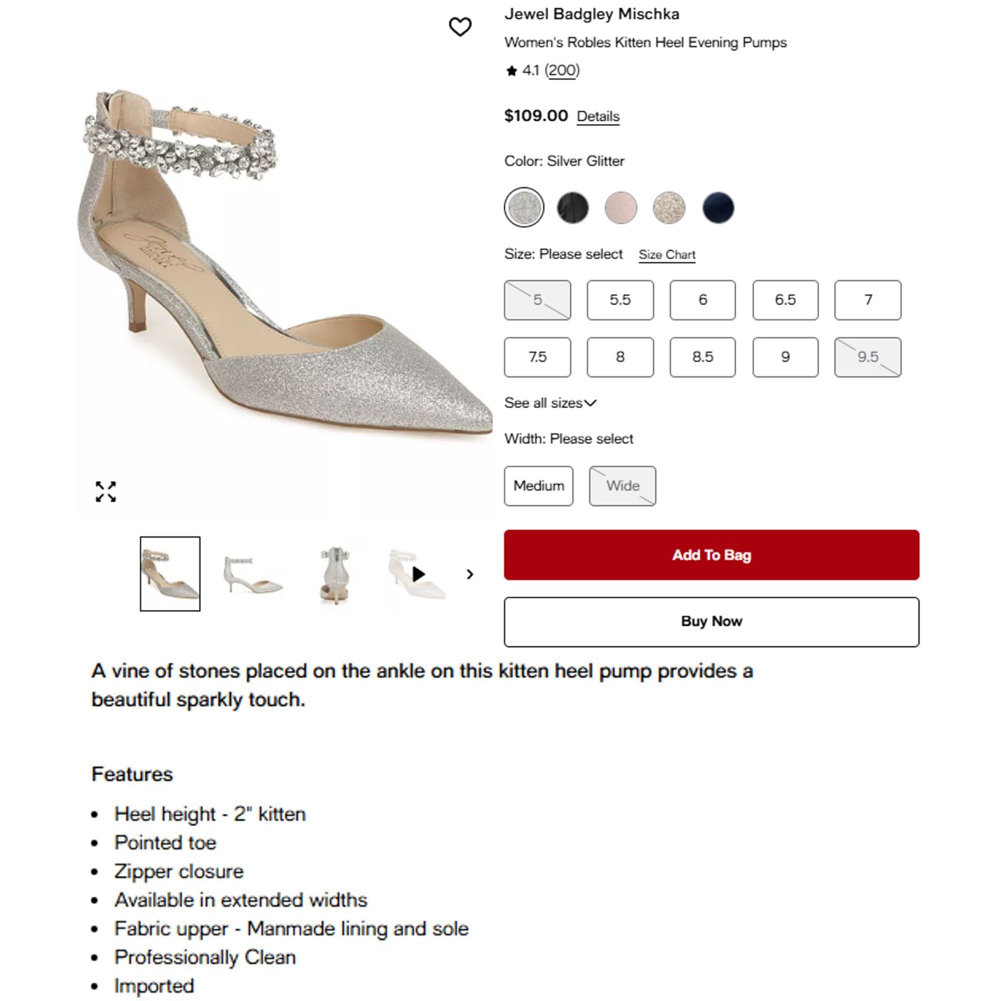Badgley Mischka Jewel Badgley Mischka Women 7.5 Silver Robles Crystal Kitten Size US 7.5 / IT 37.5 - 7 Thumbnail