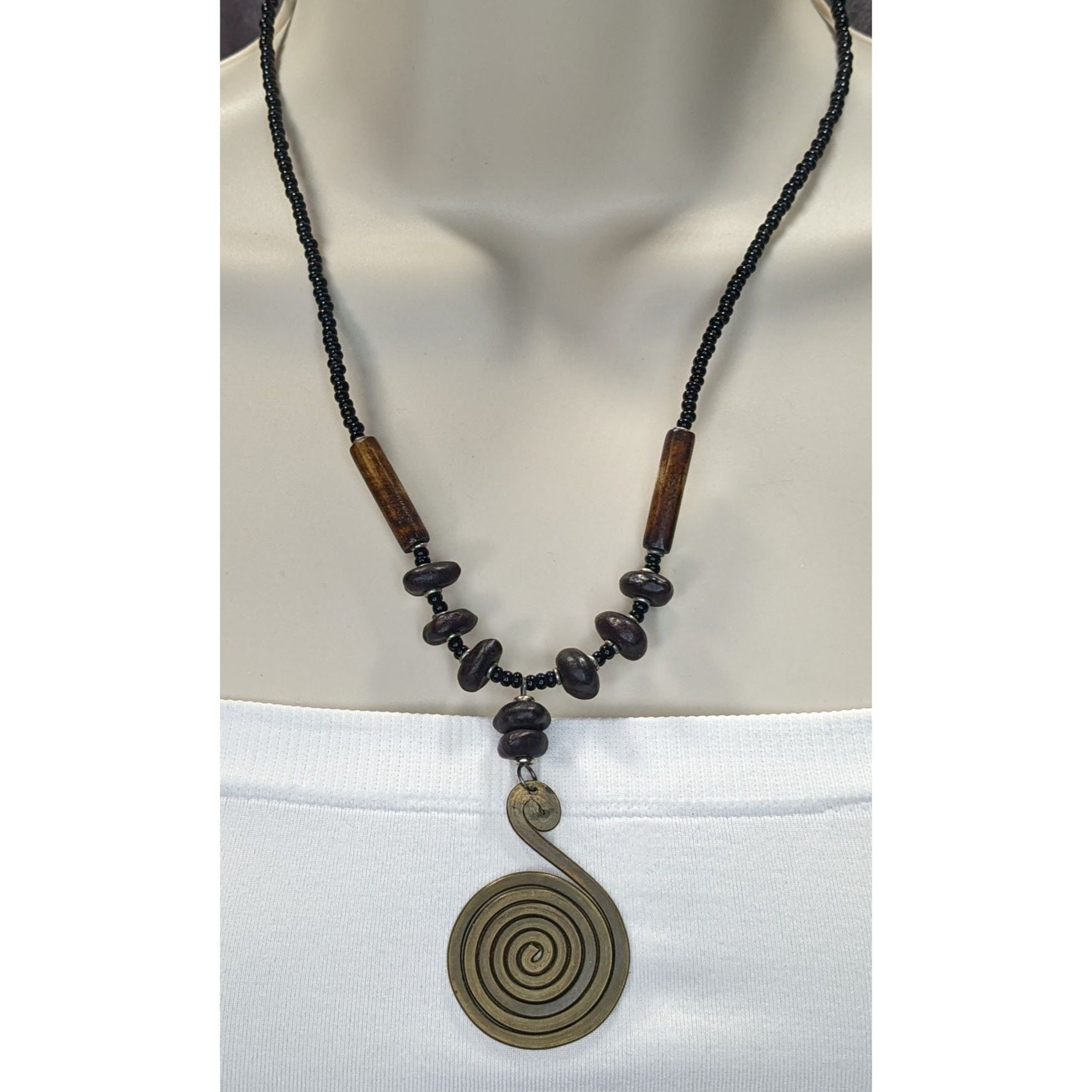 Handmade Vintage Tribal Spiral Pendant Necklace With Black Beads Wood Size ONE SIZE - 6 Thumbnail