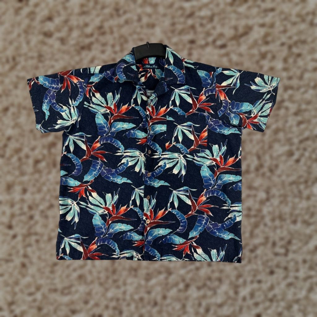 Paradise Milano Bay Shirt Men’s Blue Floral Hawaiian Resort Aloha Luau Button-Up Short Sleeve Regular Adult Large Viscoe Rayon Size US L / EU 52-54 / 3 - 1 Thumbnail