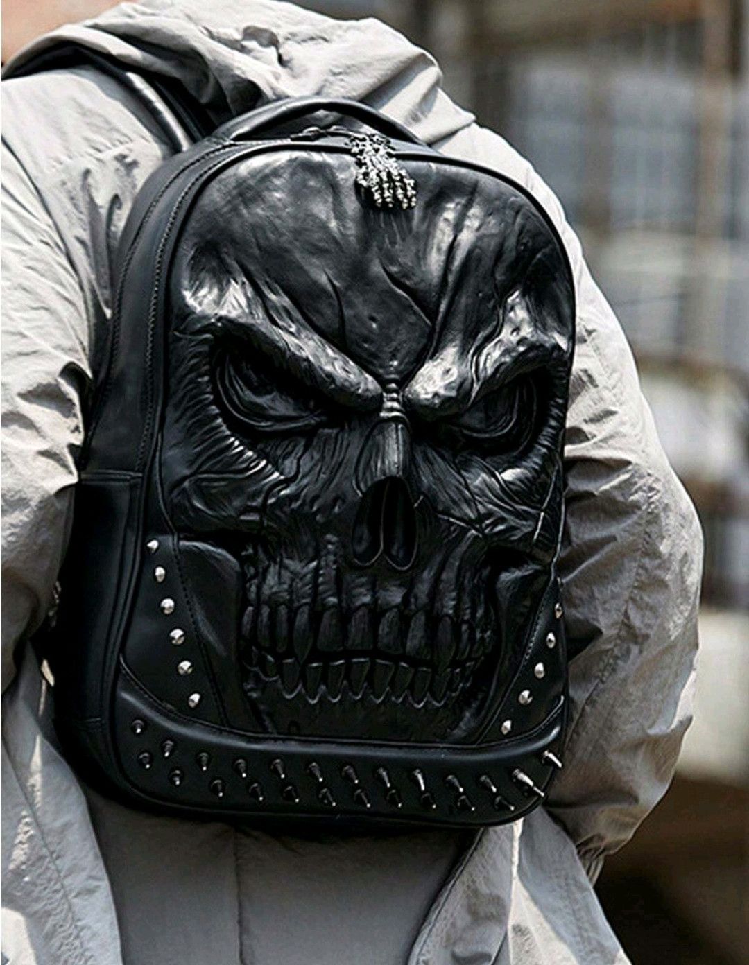 Leather Spiky Skull Leather Bagpack Large Size ONE SIZE - 2 Thumbnail
