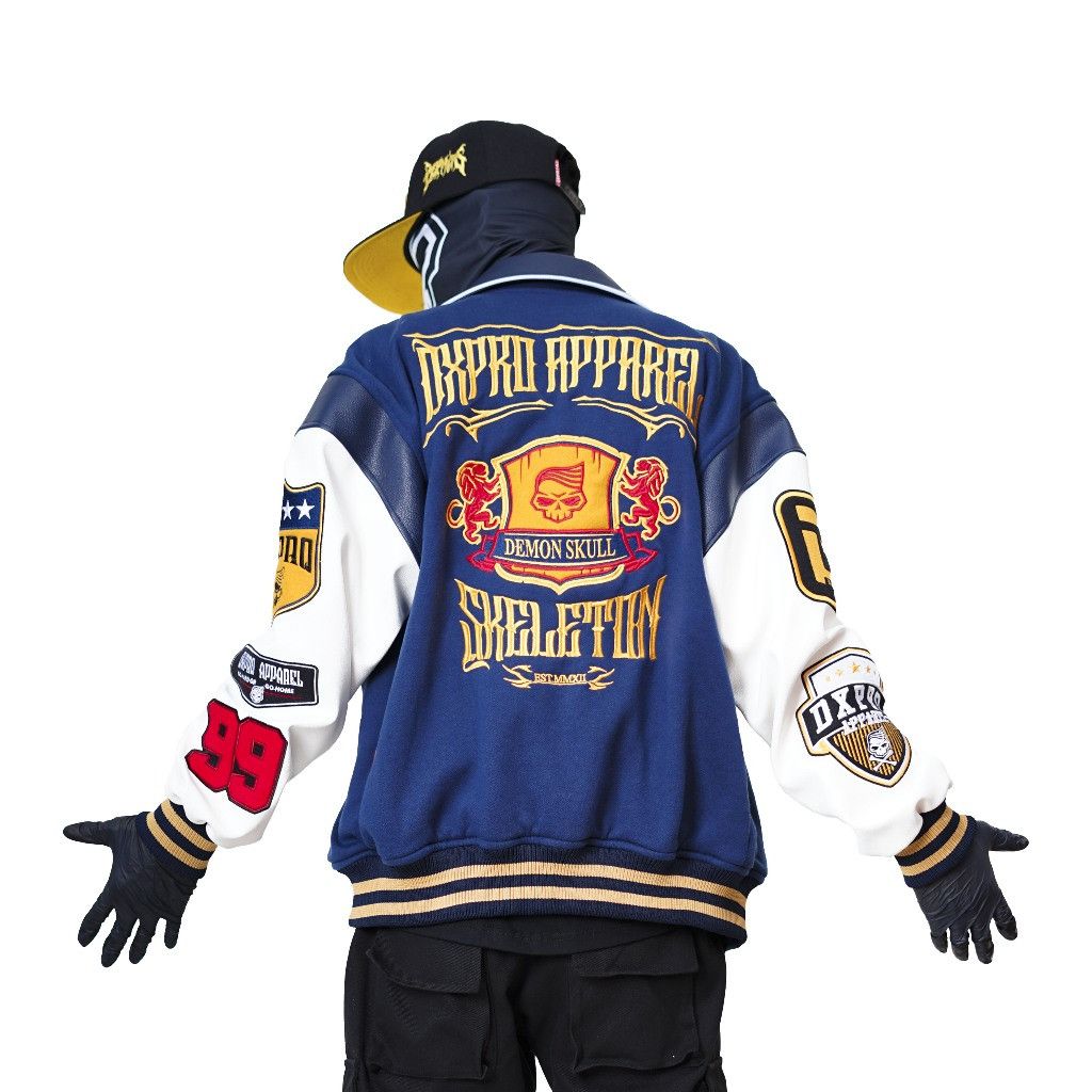 image of Bomber Jacket x Varsity Jacket Jacket Varsity Embroidery Demon Skull in Navy, Men's (Size XL)