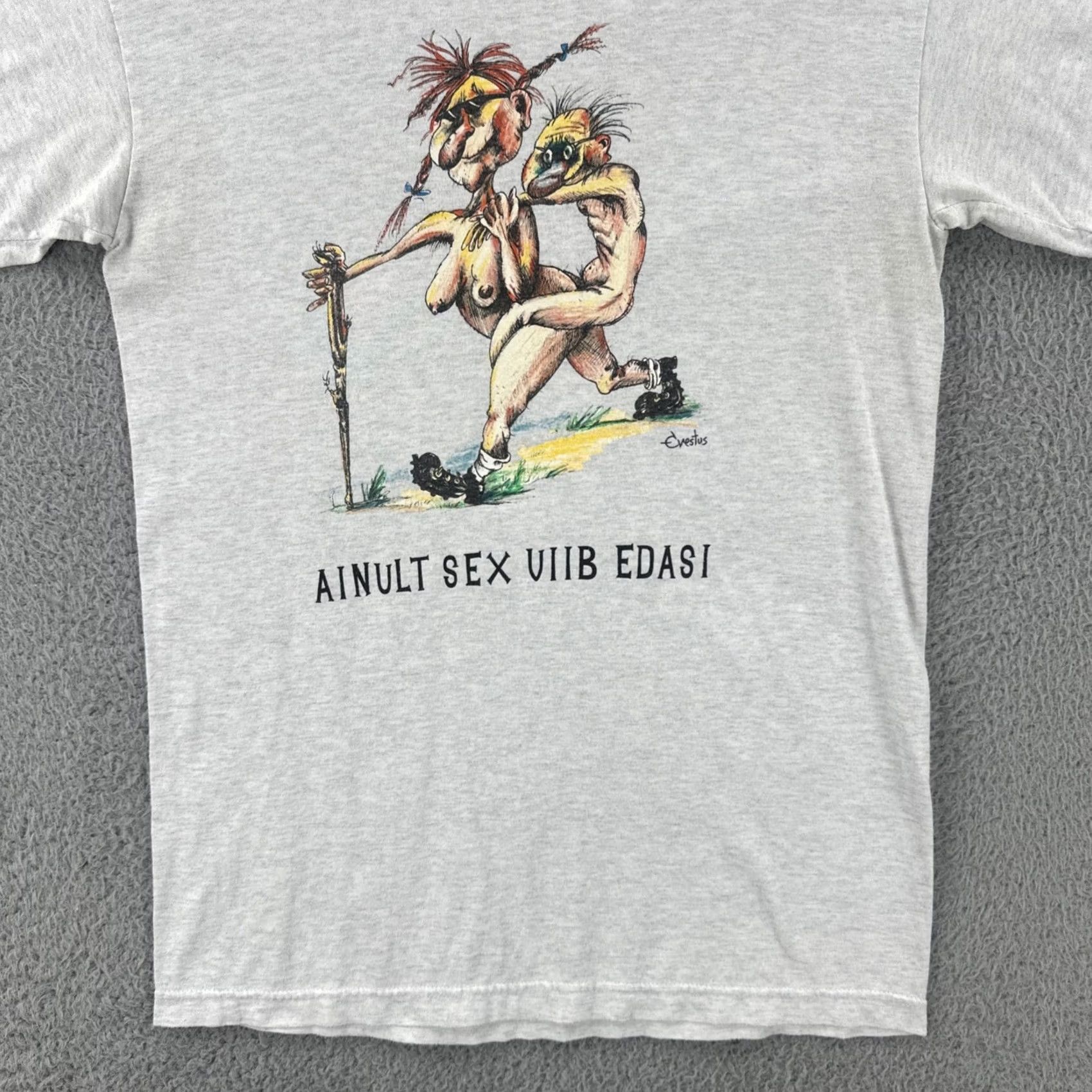 Fruit Of The Loom VINTAGE Screen Stars By Fruit Of The Loom S Gray Shirt 90s Estonian Funny Sex Tee Size US S / EU 44-46 / 1 - 4 Thumbnail
