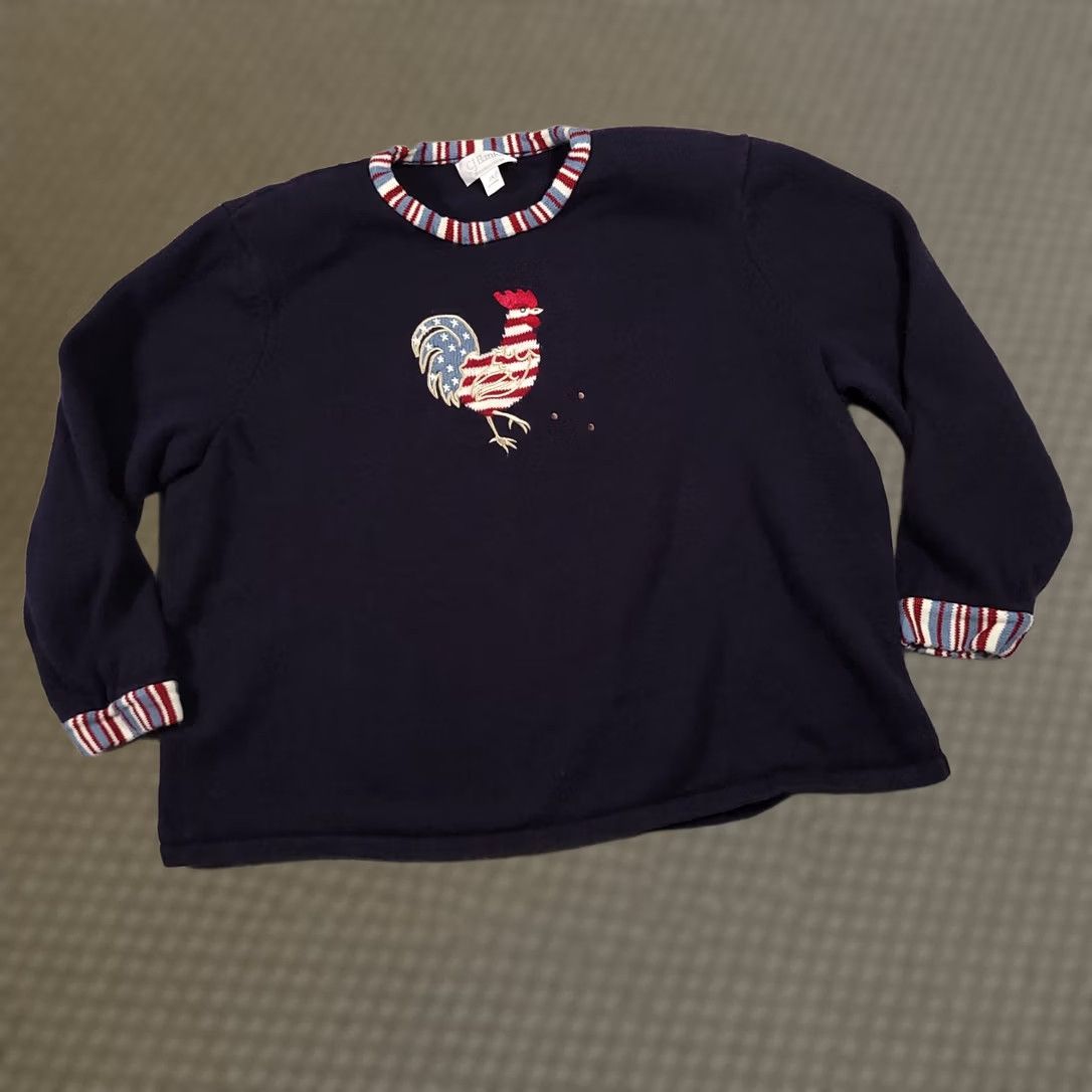 Vintage Christopher & Banks Rooster Red White Blue Patriotic Flag Womens Plus Sweater 3X Cotton Knit Size XXL / US 16-18 / IT 52-54 - 1 Thumbnail