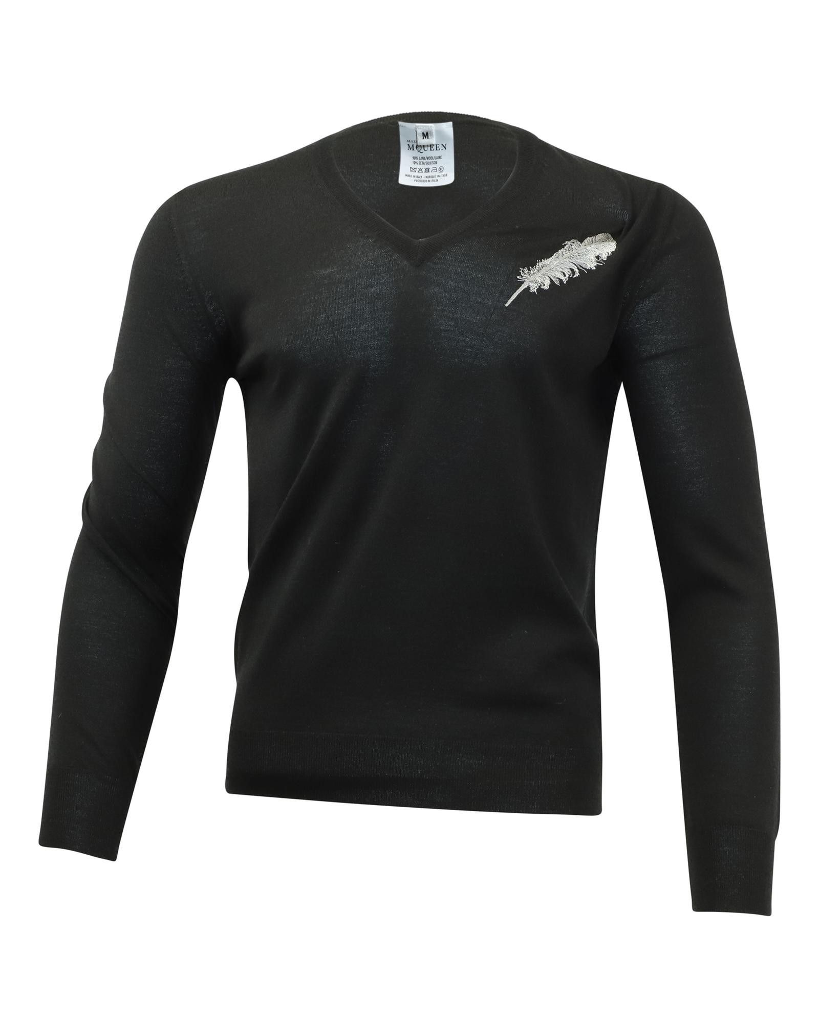 image of Black Wool V-Neck Sweater With Feather Embroidery By Alexander Mcqueen, Men's (Size Medium)