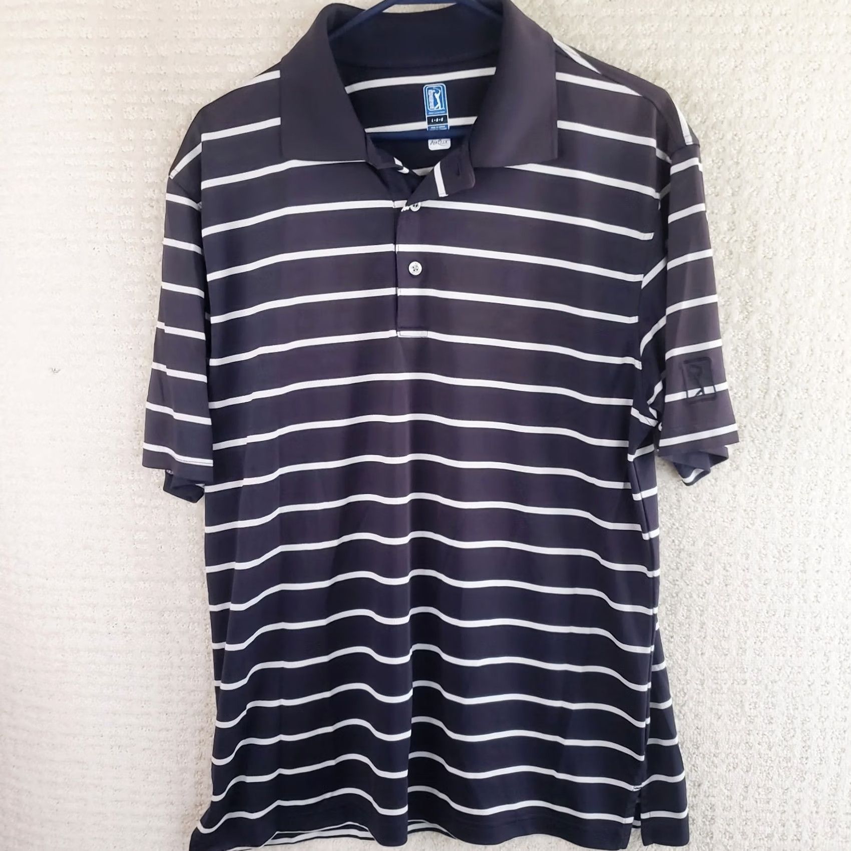 PGA Tour PGA TOUR Polo Men L Dark Gray Black Striped Airflux Stretch Short Sleeve Collared Pullover Performance Golf Rugby Sports Shirt Mens Size US L / EU 52-54 / 3 - 2 Thumbnail