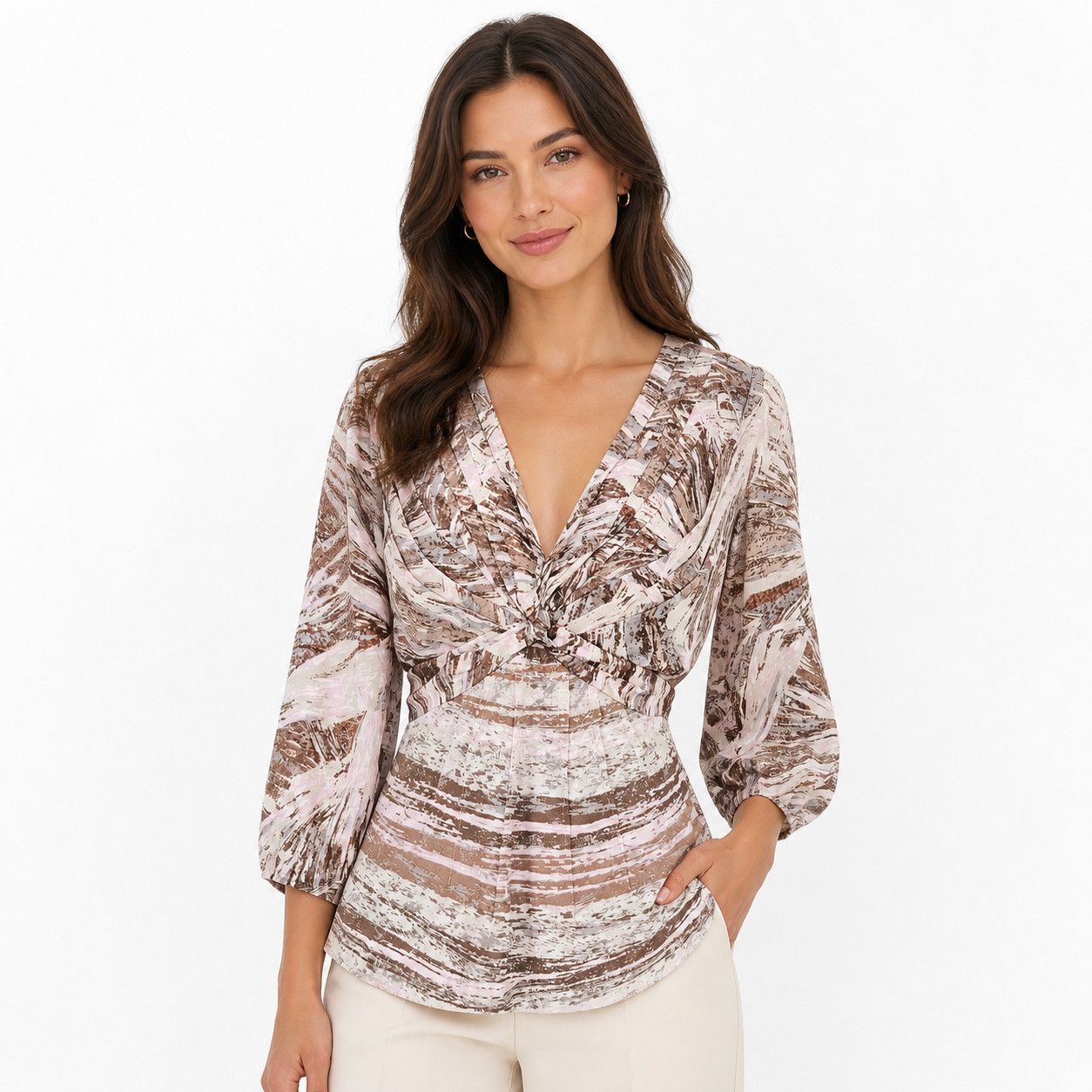 Bcbgmaxazria Pebble Combo 3/4 Puff Slv Tie-back V-neck Silk Blouse Spring Size M / US 6-8 / IT 42-44 - 1 Thumbnail