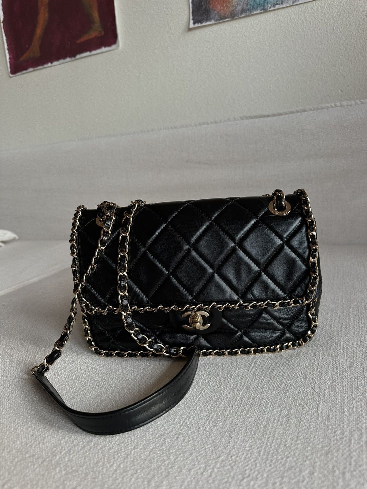Chanel CHANEL Crumpled Calfskin Medium Chain All Over Flap Black Size ONE SIZE - 1 Thumbnail