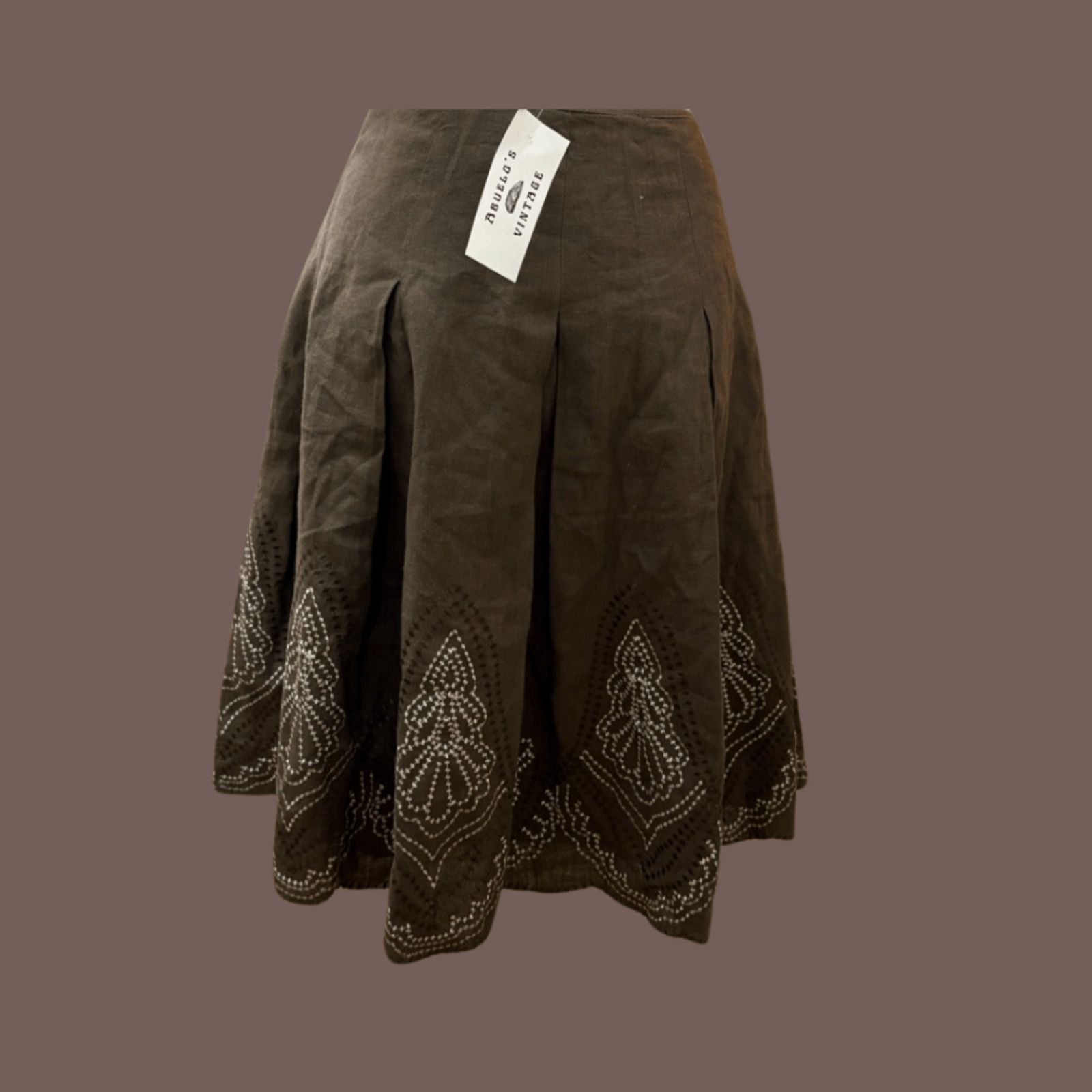 Elie Tahari VTG Linen Skirt | Tahari Embroidered Brown Cottagecore Femme Size 30" / US 8 / IT 44 - 1 Thumbnail