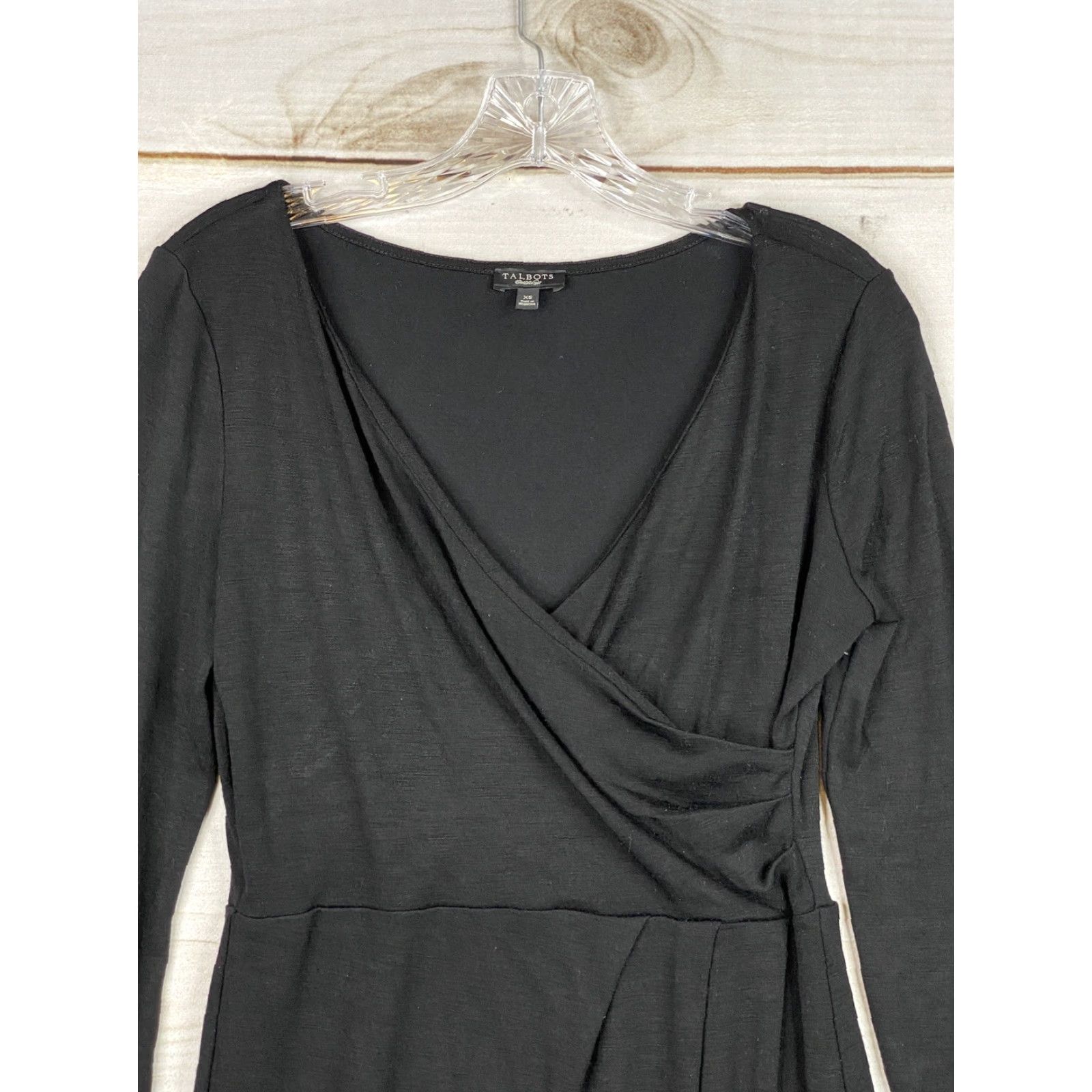 Talbots Talbots Dress Womens XS Classic Black Wool Blend Sheath Faux Wrap Long Sleeve V-Neck Zip Knee Length Size XS / US 0-2 / IT 36-38 - 2 Thumbnail