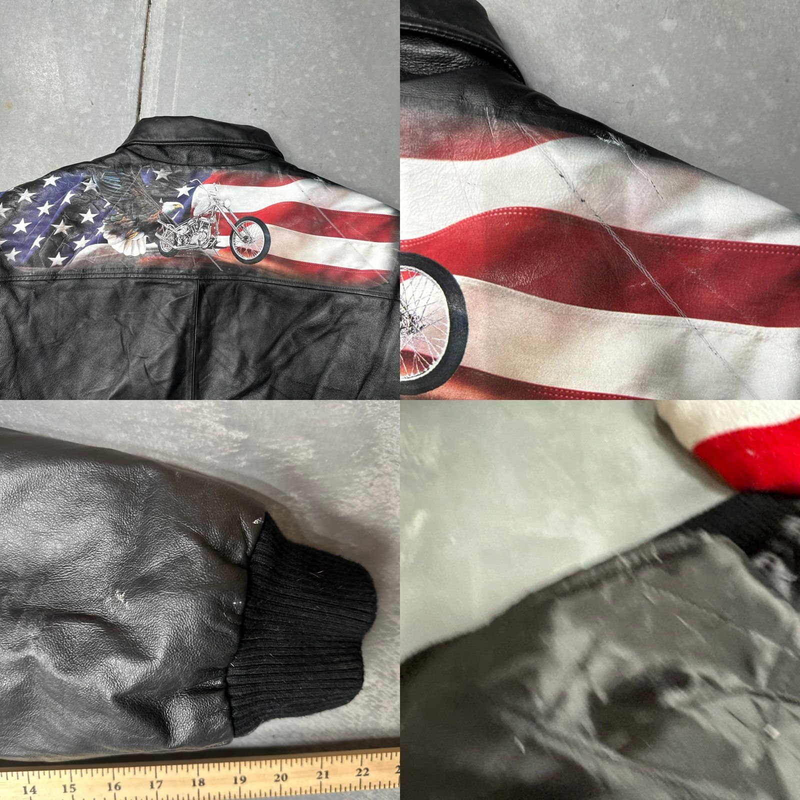 Vintage The Bradford Exchange Biker Leather Jacket Mens 2XL Ride Hard Black USA Flag Jacket Mens Black Leather USA Flag 90s-inspired? Size US XXL / EU 58 / 5 - 8 Thumbnail