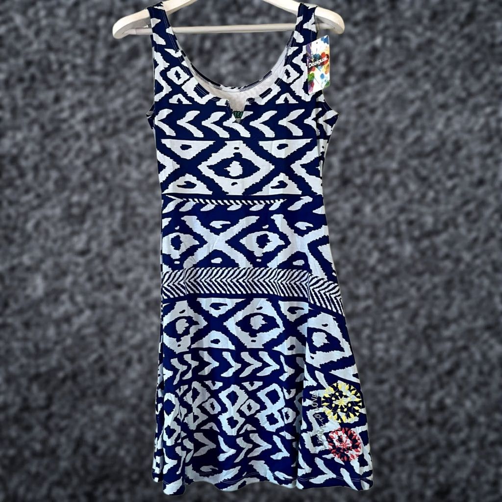 Desigual VINTAGE Desigual Women's Geometric Sleeveless V-Neck Mini Dress Blue M Size M / US 6-8 / IT 42-44 - 1 Thumbnail