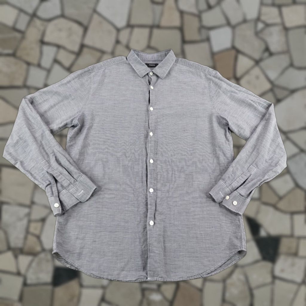 Theory VINTAGE Theory Button-Up Shirt Men Large Gray White Micro Checks Long Sleeve Linen Blend Size US L / EU 52-54 / 3 - 1 Thumbnail