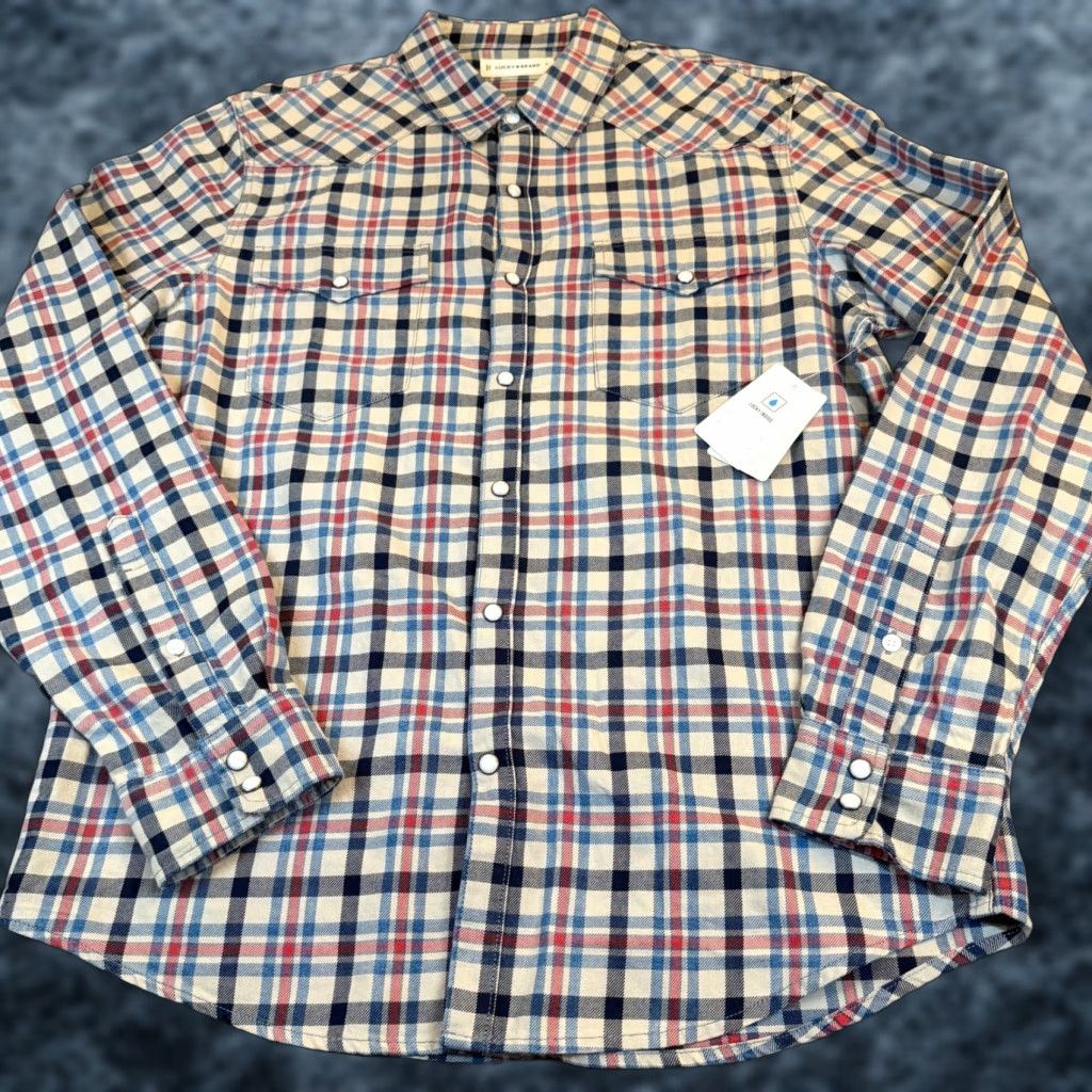 Lucky Brand Lucky Brand Shirt Plaid Western Snap Mens M Woven Cotton Multicolor Blue Red Cream Indigo NWT Casual Workwear Cowboy Bohemian Preppy 90s Size US M / EU 48-50 / 2 - 1 Thumbnail