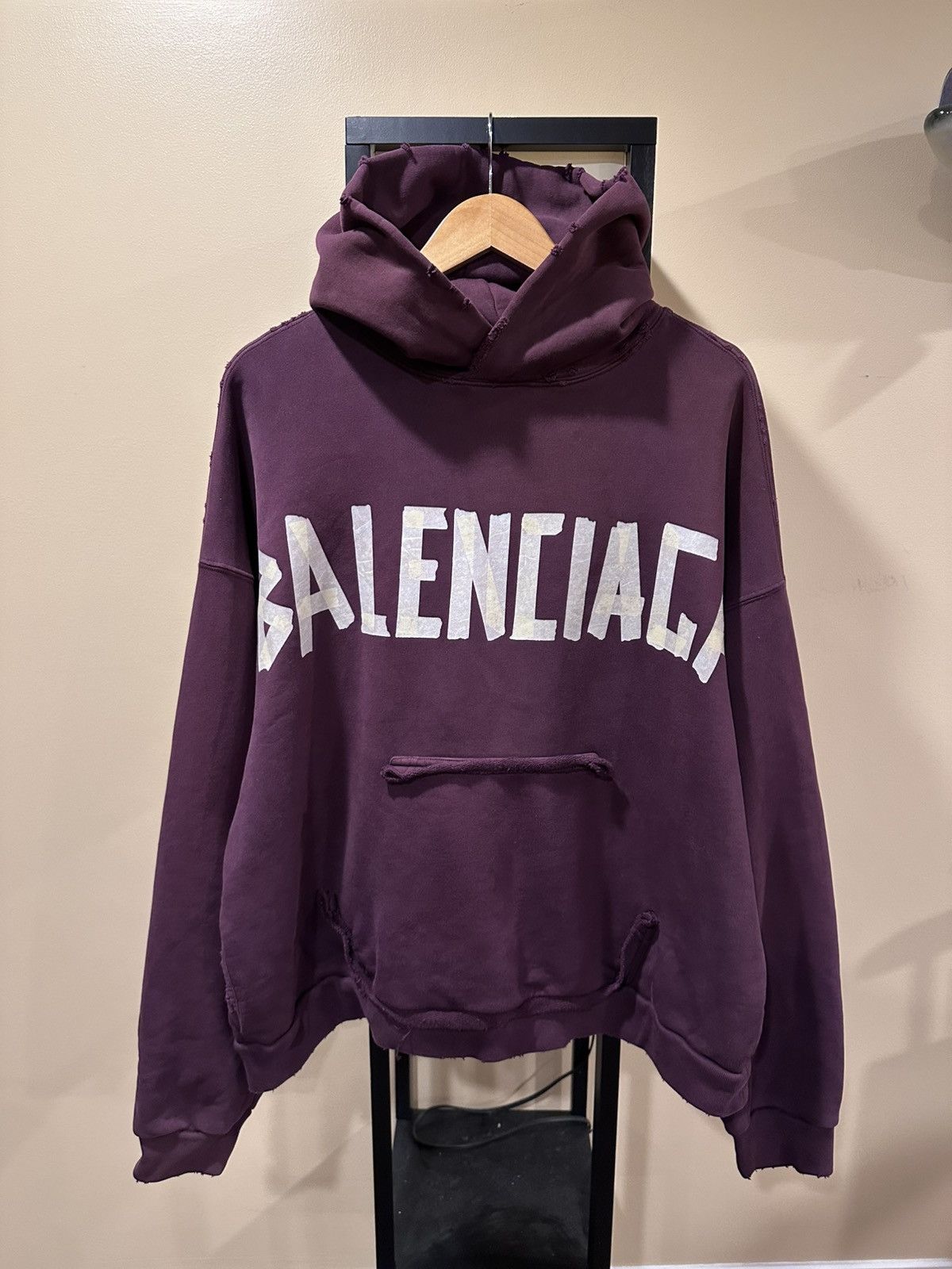 Balenciaga Distressed Type Duct Tape Logo Maroon Hoodie