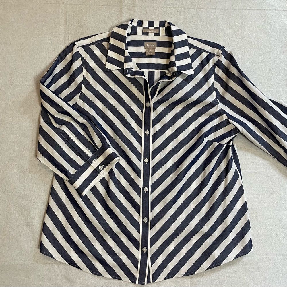 Chicos New Chico's No-Iron Cotton Striped Stain Shield Shirt Size Size L / US 10 / IT 46 - 9 Thumbnail