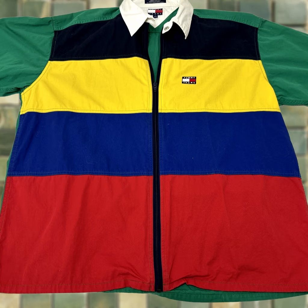 Spell VINTAGE Tommy Jeans Shirt Full-Zip Striped Spell Out Flag Patch XL Men Red Blue Yellow Green Black 90s Hilfiger Hip Hop Size US XL / EU 56 / 4 - 1 Thumbnail