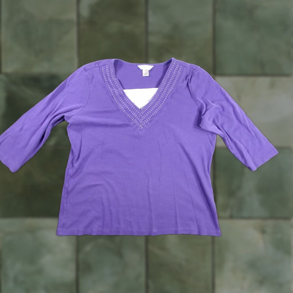Vintage Christopher Banks Top Womens XL Purple V-Neck Embellished Rhinestone Blouse, 100% Cotton, 3/4 Sleeve, Classic Fit, Vintage: No, Adults Women Size XL / US 12-14 / IT 48-50 - 1 Thumbnail