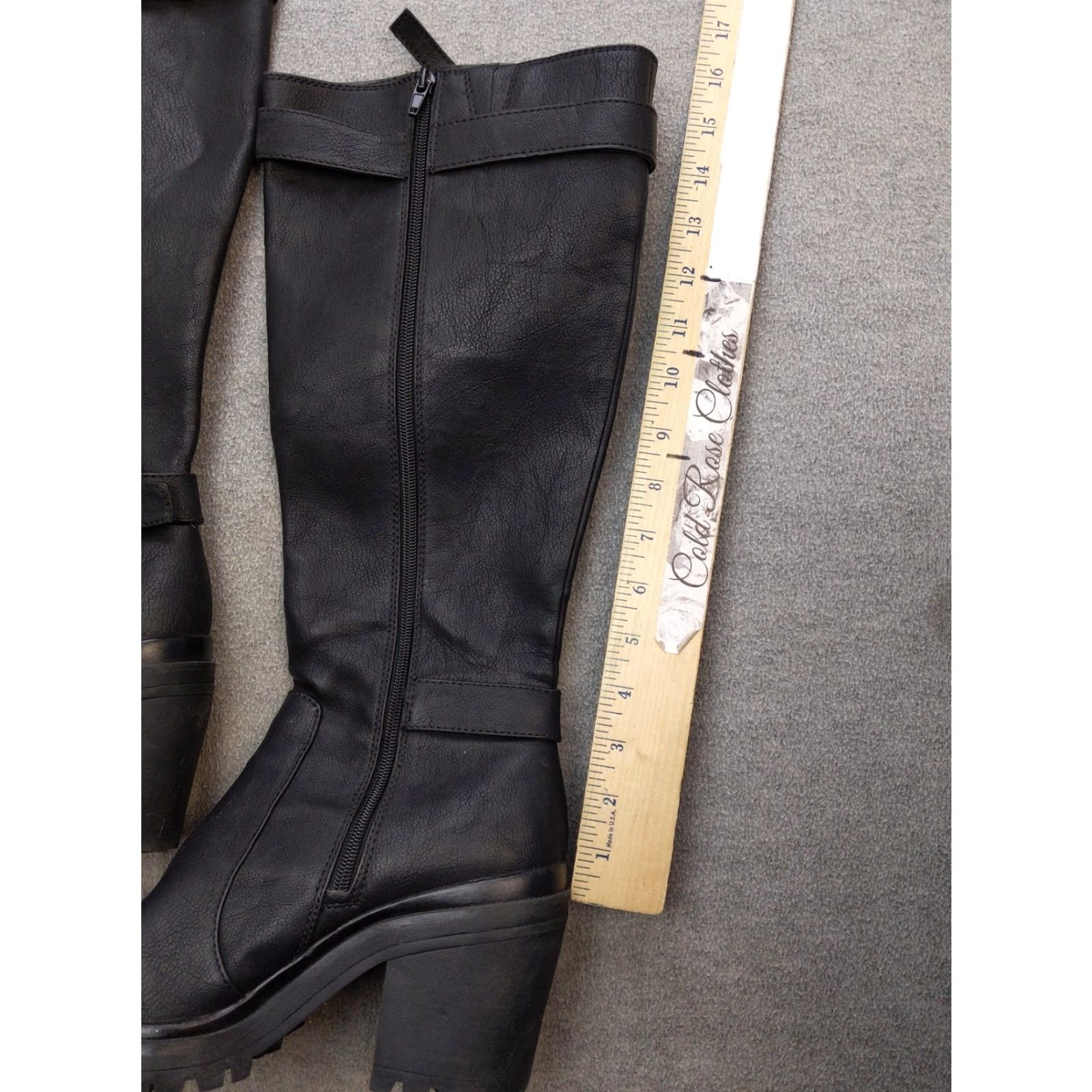Vintage Biker Boots Womens size 9.5 41 Black Knee High Block Heel Zip Buckle Lug Sole Shoes Size US 10 / IT 40 - 3 Thumbnail