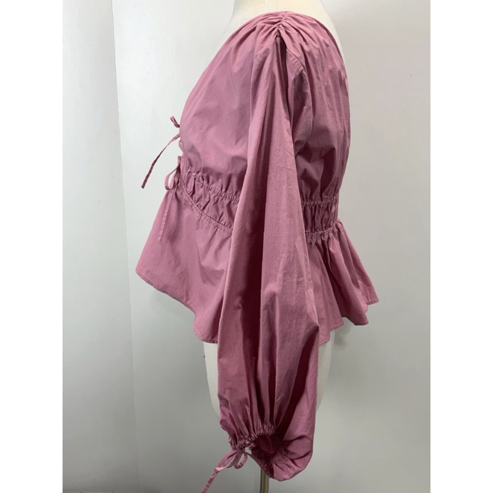 Staud STAUD Shelby Peplum Top Shirt Medium Pink Poplin 3/4 Sleeve V-Neck Blouse Womens Size M / US 6-8 / IT 42-44 - 2 Thumbnail