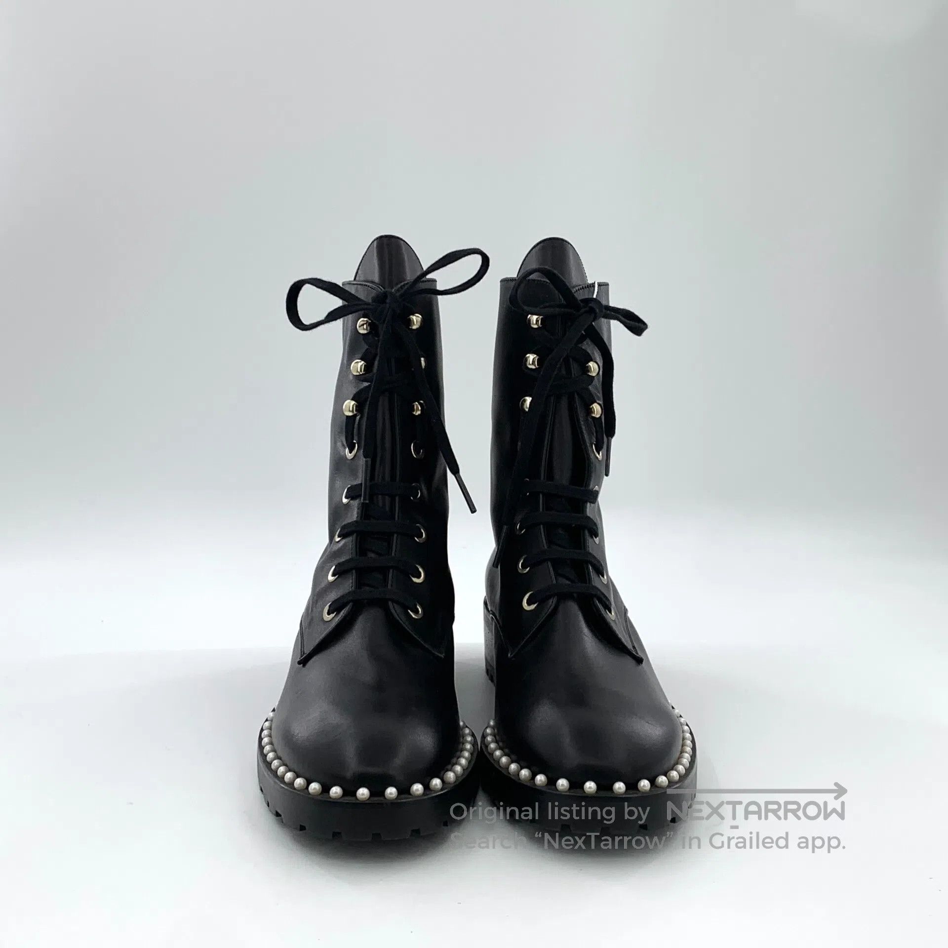 Swarovski SW Black Pearl Trimmed Laced Casual Flat Ankle Boots| Size US 5 / EU 37 - 3 Thumbnail