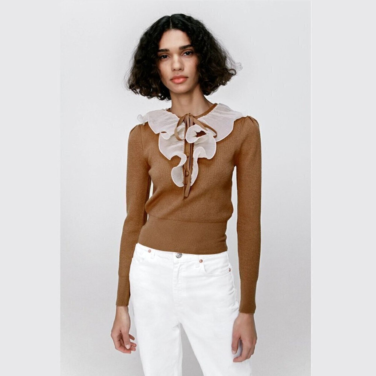 Zara ZARA Brown Knit Ruffle Top NWT Size M / US 6-8 / IT 42-44 - 6 Thumbnail