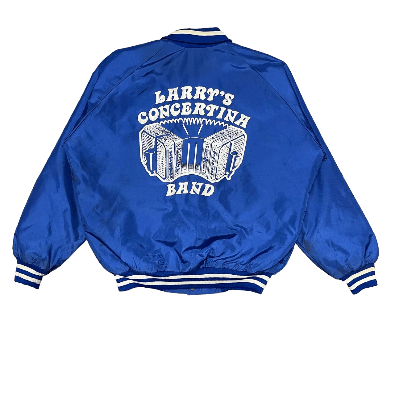 image of Band Tees x Made In USA Vintage Larry's Concertina Band Varsity/bomber Jacket in Blue (Size Medium)